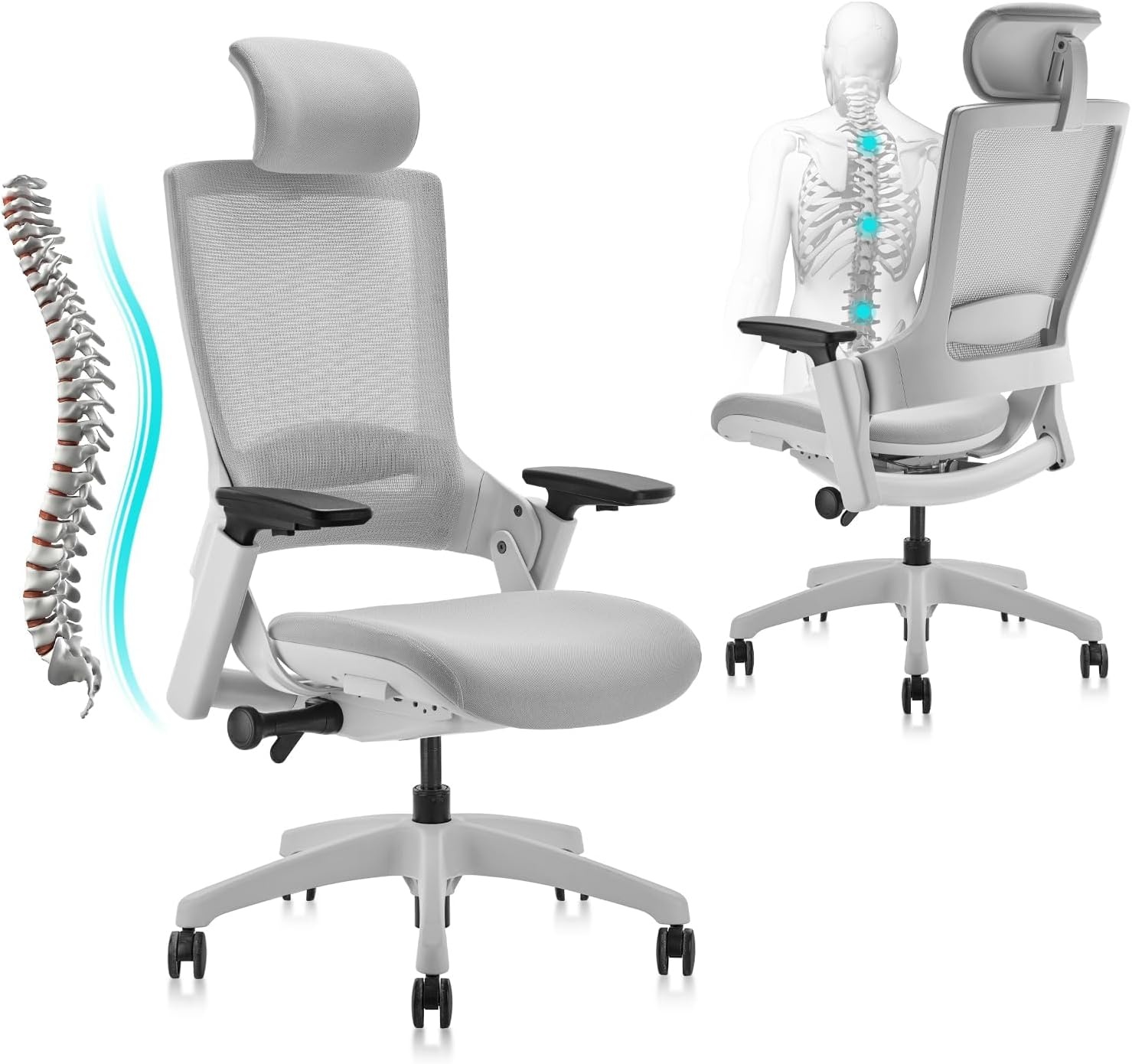 image:imageCLATINA Swivel Executive Computer Chair with 3D Armrest and Lumbar Support Adjustable Ergonomic Fabric Backrest Task Chair for Home Office Conference RoomGreymesh