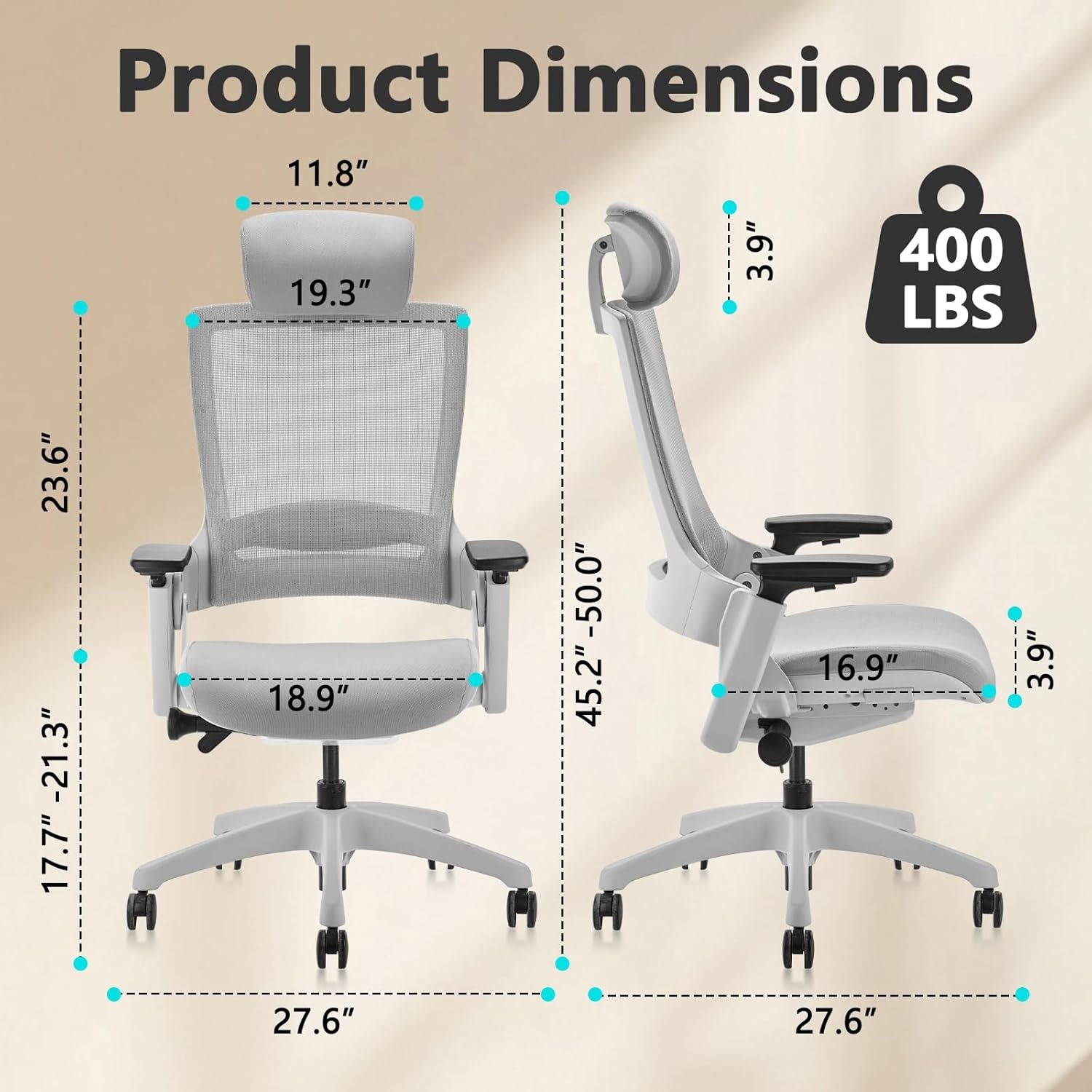 image:imageCLATINA Swivel Executive Computer Chair with 3D Armrest and Lumbar Support Adjustable Ergonomic Fabric Backrest Task Chair for Home Office Conference RoomGreymesh