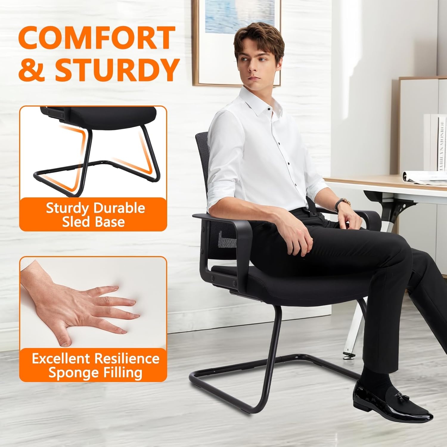 image:imageCLATINA Waiting Room Chairs with Flip Up Arms and Adjustable Lumbar Support Office Guest Chairs amp Reception Chair for Conference Room Breathable Mesh Black Desk Chair No Wheels for ElderlyBlack