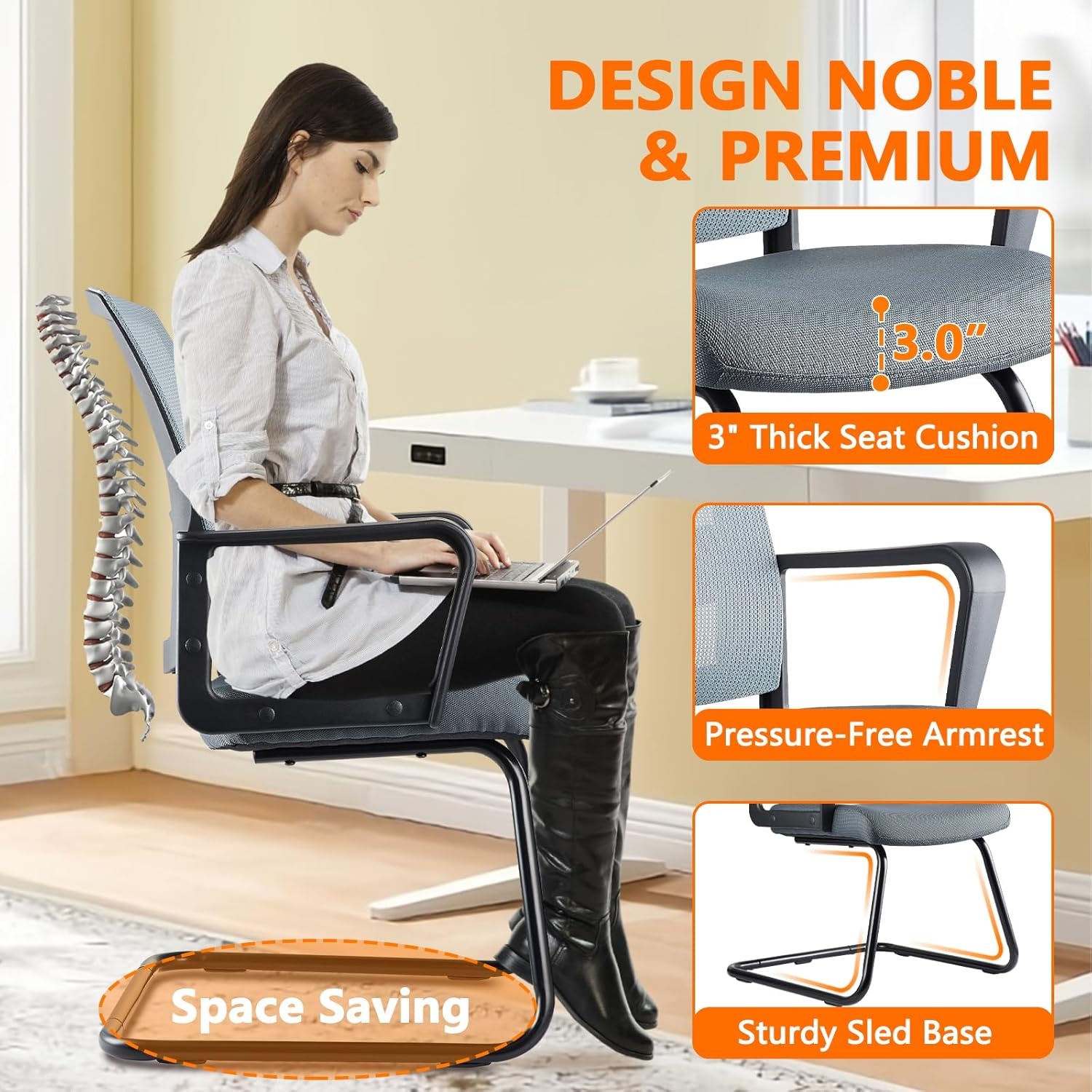 image:imageCLATINA Waiting Room Chairs with Flip Up Arms and Adjustable Lumbar Support Office Guest Chairs amp Reception Chair for Conference Room Breathable Mesh Black Desk Chair No Wheels for ElderlyGrey