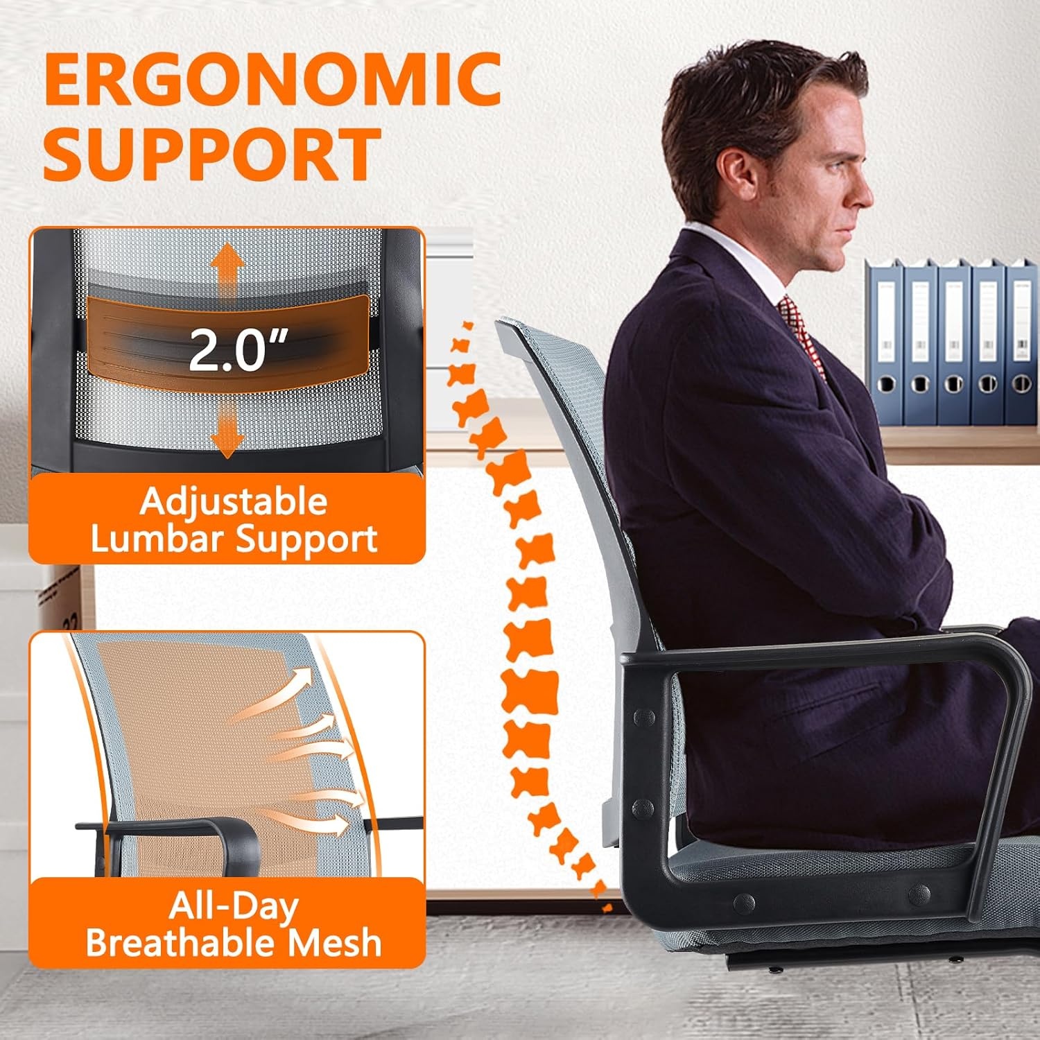 image:imageCLATINA Waiting Room Chairs with Flip Up Arms and Adjustable Lumbar Support Office Guest Chairs amp Reception Chair for Conference Room Breathable Mesh Black Desk Chair No Wheels for ElderlyGrey