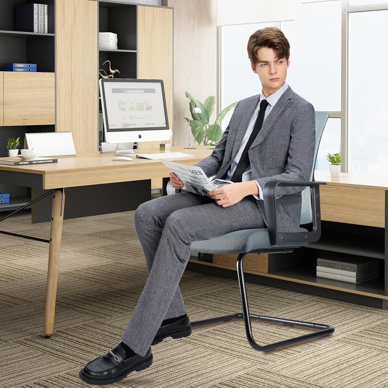 image:imageCLATINA Waiting Room Chairs with Flip Up Arms and Adjustable Lumbar Support Office Guest Chairs amp Reception Chair for Conference Room Breathable Mesh Black Desk Chair No Wheels for ElderlyGrey