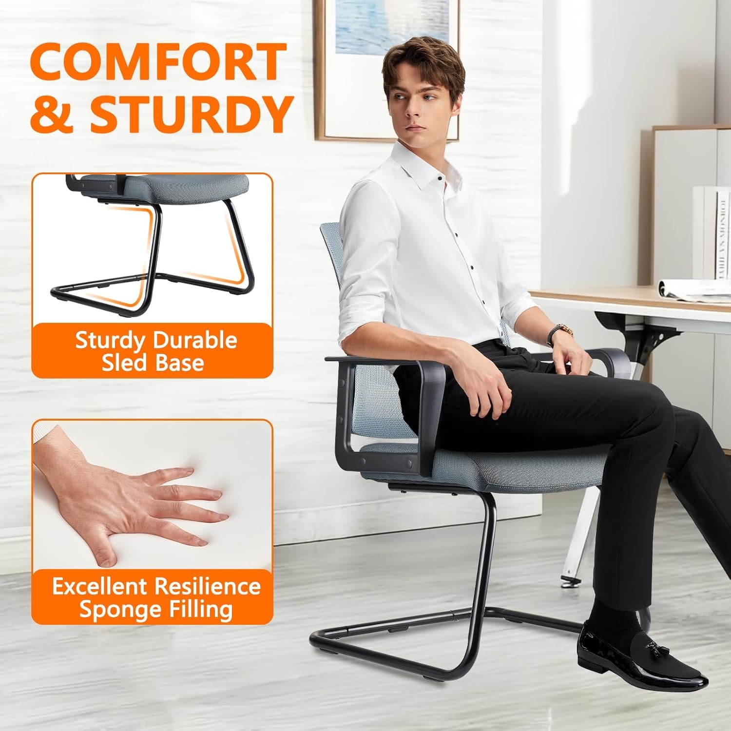 image:imageCLATINA Waiting Room Chairs with Flip Up Arms and Adjustable Lumbar Support Office Guest Chairs amp Reception Chair for Conference Room Breathable Mesh Black Desk Chair No Wheels for ElderlyGrey