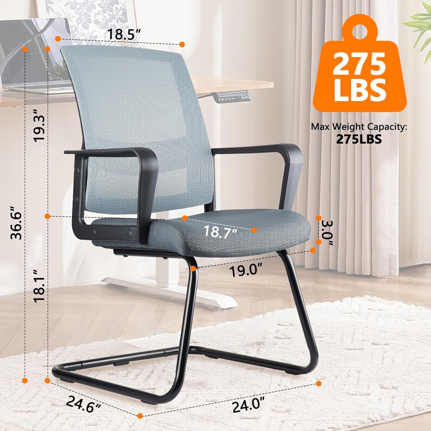 image:imageCLATINA Waiting Room Chairs with Flip Up Arms and Adjustable Lumbar Support Office Guest Chairs amp Reception Chair for Conference Room Breathable Mesh Black Desk Chair No Wheels for ElderlyGrey