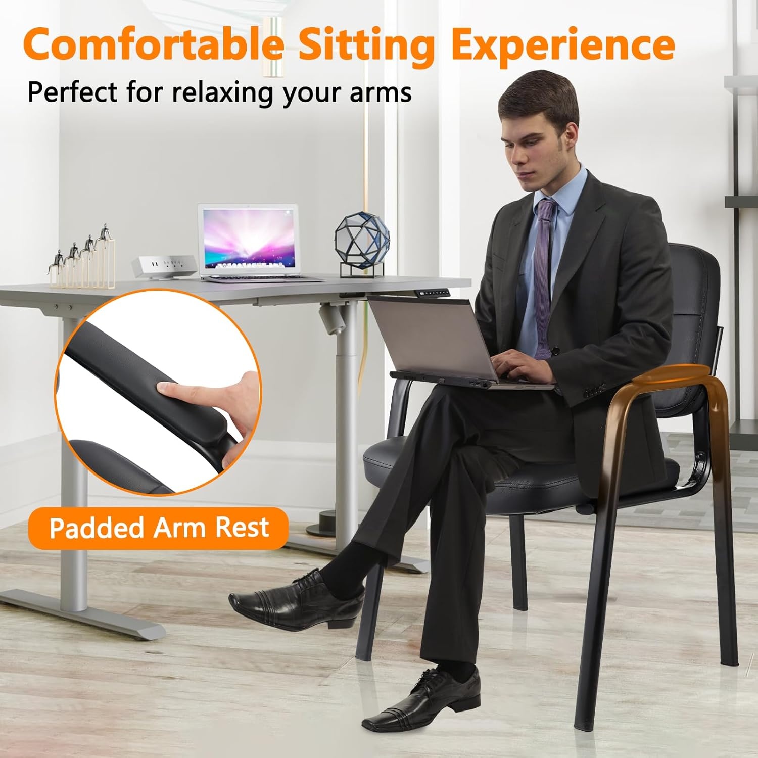 image:imageCLATINA Waiting Room Guest Chair with Bonded Leather Padded Arm Rest for Office Reception and Conference Desk Black 4 PackBlack