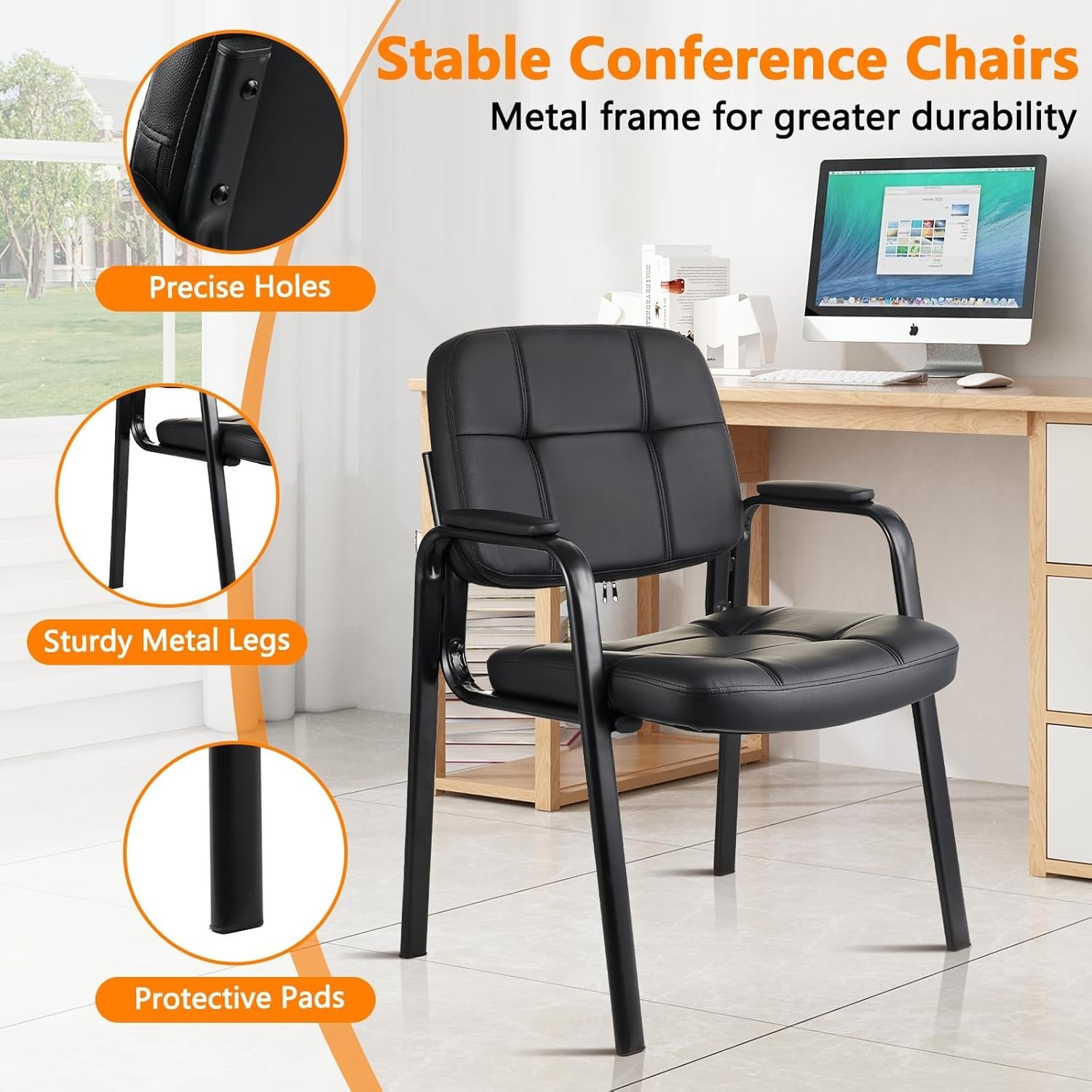 image:imageCLATINA Waiting Room Guest Chair with Bonded Leather Padded Arm Rest for Office Reception and Conference Desk Black 4 PackBlack