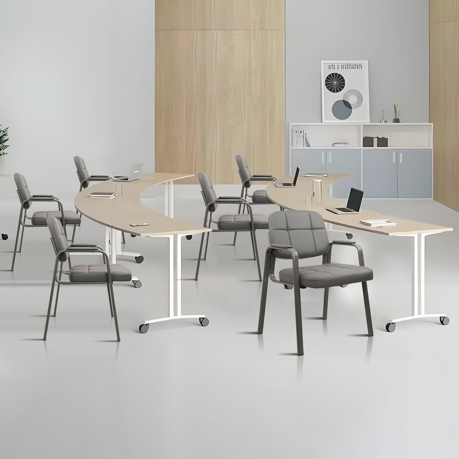 image:imageCLATINA Waiting Room Guest Chair with Bonded Leather Padded Arm Rest for Office Reception and Conference Desk Black 4 PackGrey