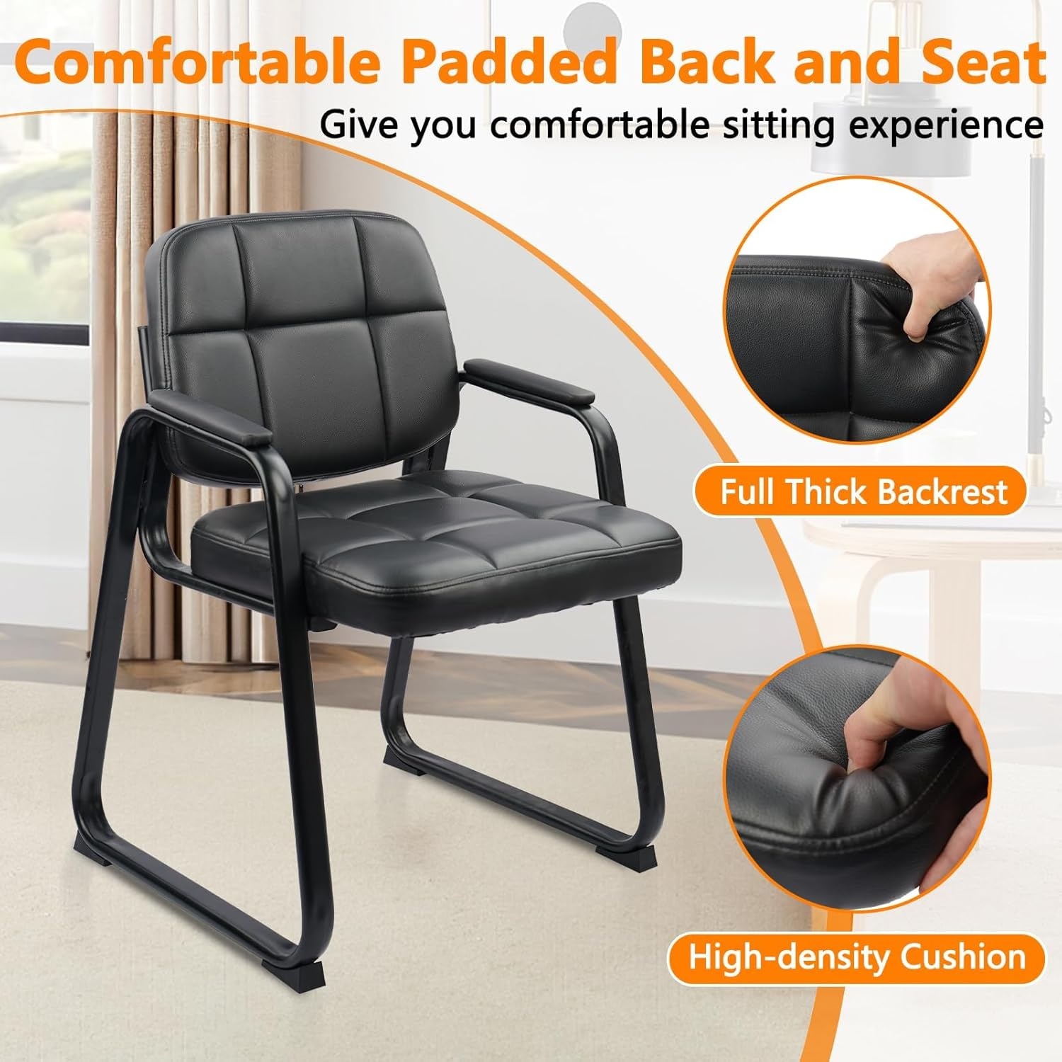 image:imageCLATINA Waiting Room Guest Chair with Bonded Leather Padded Arm Rest for Office Reception and Conference Desk Black 4 PackInky