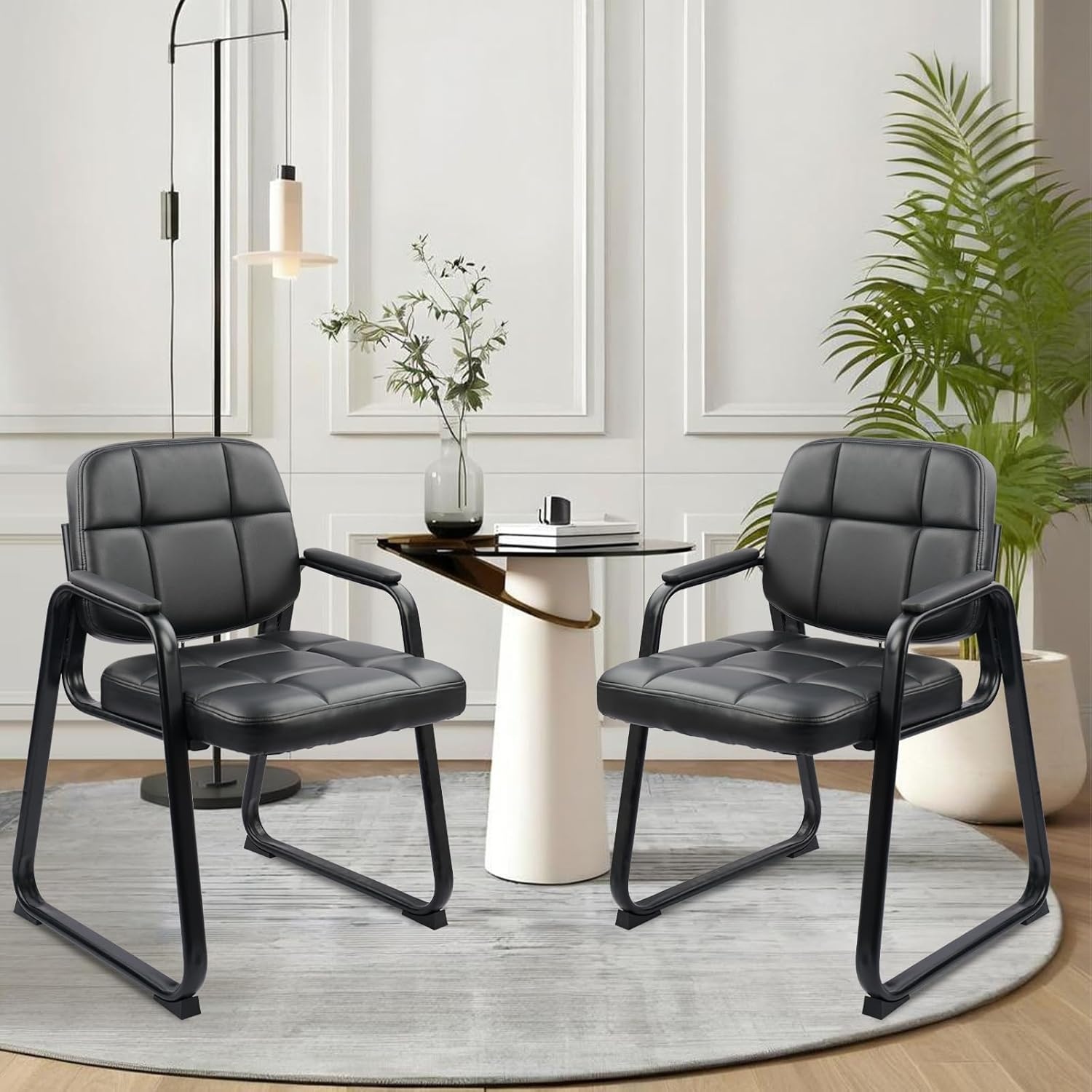 image:imageCLATINA Waiting Room Guest Chair with Bonded Leather Padded Arm Rest for Office Reception and Conference Desk Black 4 PackInky