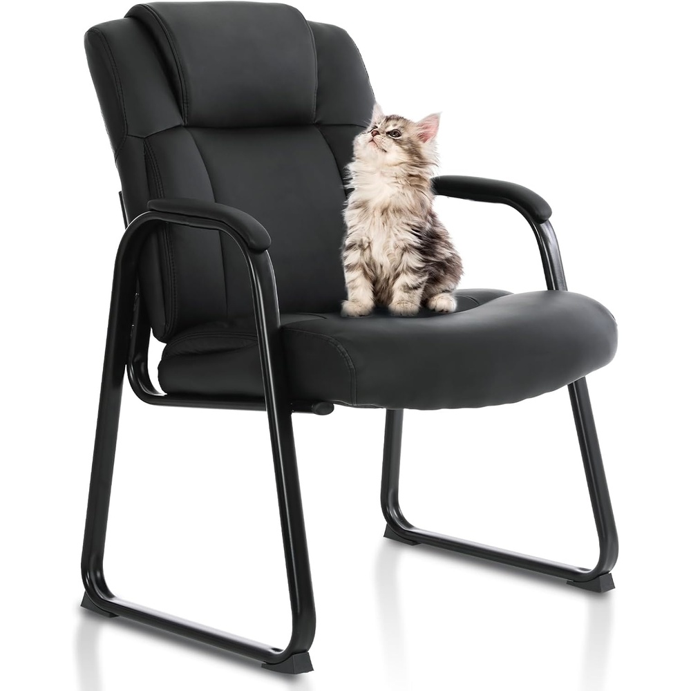 image:imageCLATINA Big amp Tall 500 lb Guest Chair PU Leather Office Reception Chairs with Sled Base Desk Chair No Wheels for Waiting Room Conference Lobby Computer Living Room BrownBlacksled Base
