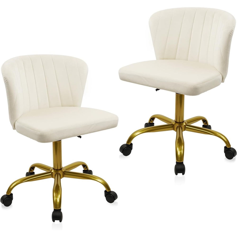 image:imageCLATINA Home Office Desk Chair Velvet Vanity Chairs Gold Base Ergonomic Small Cute Chair Adjustable Height with Wheels Rolling Armless Chair Swivel Task Chair for Study Living Room Bedroom White2