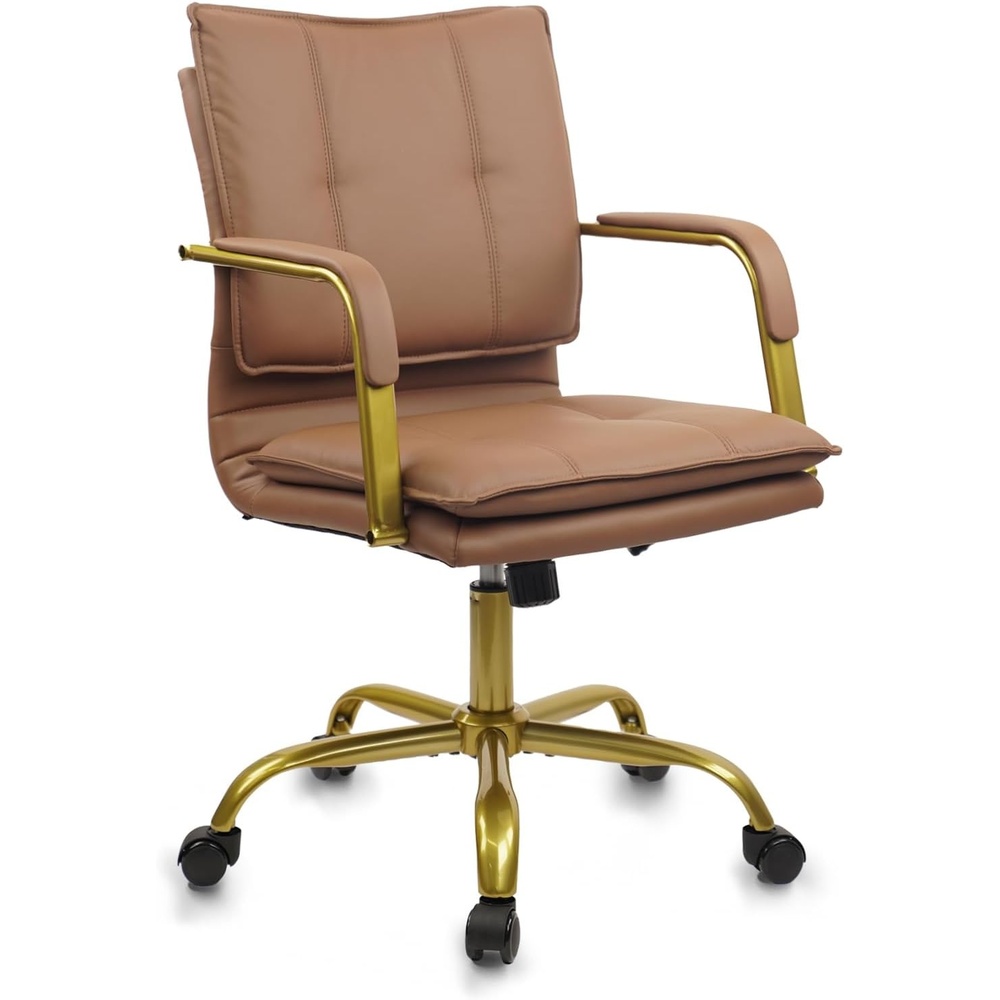 image:imageCLATINA Leather Home Office Desk Chairs Swivel MidBack Computer Chair with Golden Legs and Arms Comfy Upholstered Task Chair with Wheels BrownBrown