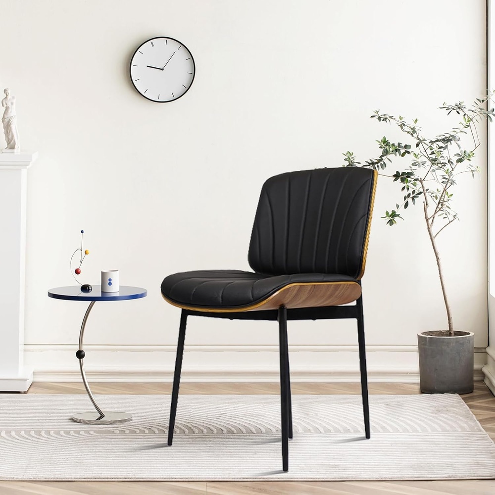 image:imageCLATINA Mid Century Modern Dining Chairs Upholstered PU Leather Chairs with Walnut Style Back and Metal Legs Armless Kitchen Chair Retro Accent Guest Chair for Kitchen Dining Room Black