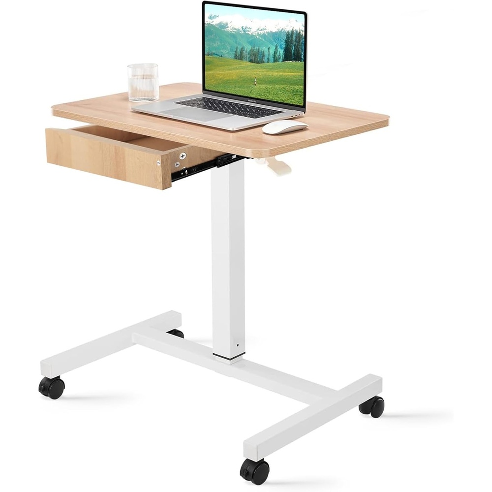 image:imageCLATINA Mobile Laptop Standing Desk Height Adjustable Teacher Podium with Lockable Wheels Adjustable Work Table with Drawer Computer Cart Overbed Table for Home Office Classroom BlackBeige