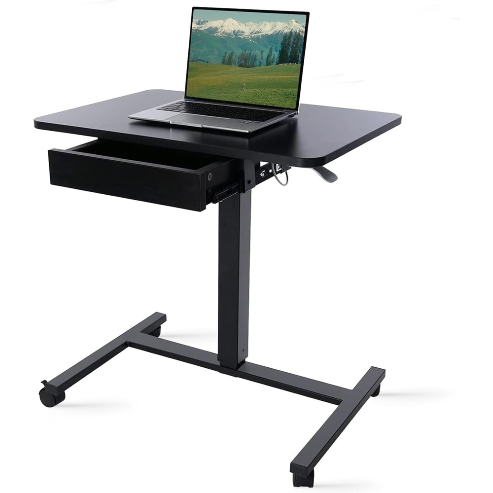 image:imageCLATINA Mobile Laptop Standing Desk Height Adjustable Teacher Podium with Lockable Wheels Adjustable Work Table with Drawer Computer Cart Overbed Table for Home Office Classroom BlackBlack