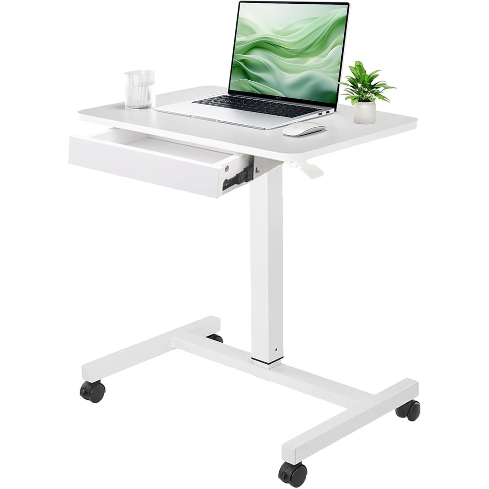 image:imageCLATINA Mobile Laptop Standing Desk Height Adjustable Teacher Podium with Lockable Wheels Adjustable Work Table with Drawer Computer Cart Overbed Table for Home Office Classroom BlackWhite