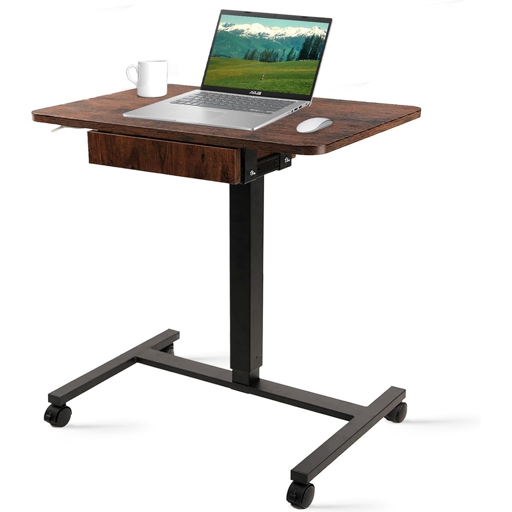 image:imageCLATINA Mobile Laptop Standing Desk Height Adjustable Teacher Podium with Lockable Wheels Adjustable Work Table with Drawer Computer Cart Overbed Table for Home Office Classroom BlackBrown