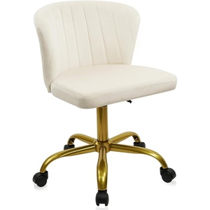 image:imageCLATINA Home Office Desk Chair Velvet Vanity Chairs Gold Base Ergonomic Small Cute Chair Adjustable Height with Wheels Rolling Armless Chair Swivel Task Chair for Study Living Room Bedroom White1