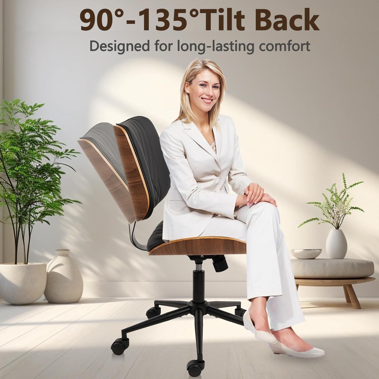 image:imageCLATINA Armless Home Office Chair Desk Chair with Wheels Adjustable Height Reading Chair Leather Mid Back amp Swivel Computer Chair Modern Walnut Chairs with Back for Studio Meeting RoomBlackBlack Diamonda
