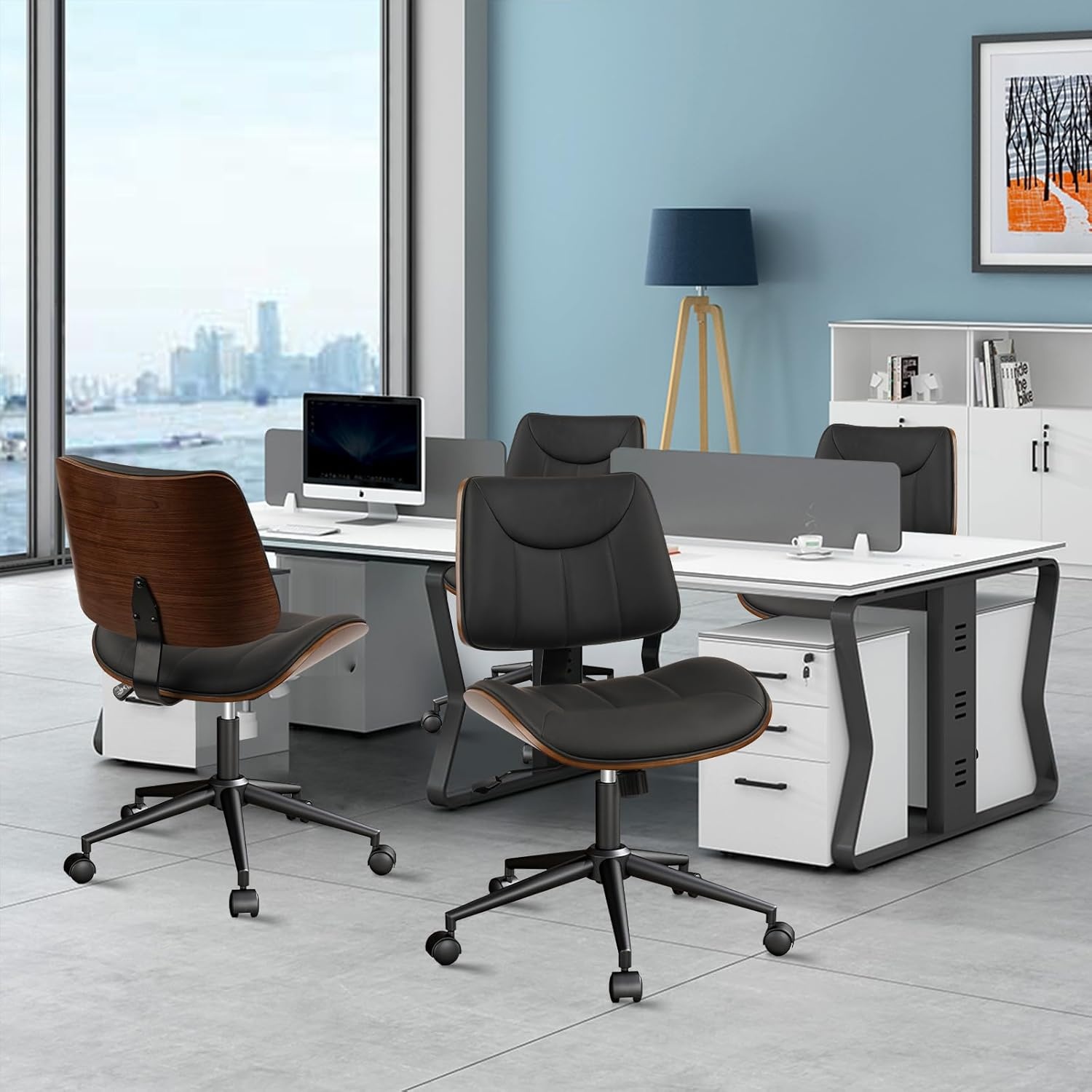 image:imageCLATINA Armless Home Office Chair Desk Chair with Wheels Adjustable Height Reading Chair Leather Mid Back amp Swivel Computer Chair Modern Walnut Chairs with Back for Studio Meeting RoomBlackBlack Linear