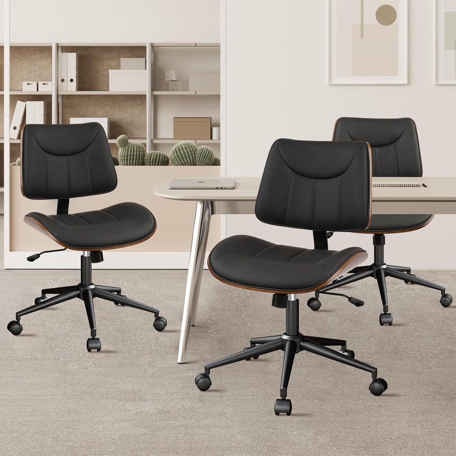 image:imageCLATINA Armless Home Office Chair Desk Chair with Wheels Adjustable Height Reading Chair Leather Mid Back amp Swivel Computer Chair Modern Walnut Chairs with Back for Studio Meeting RoomBlackBlack Linear