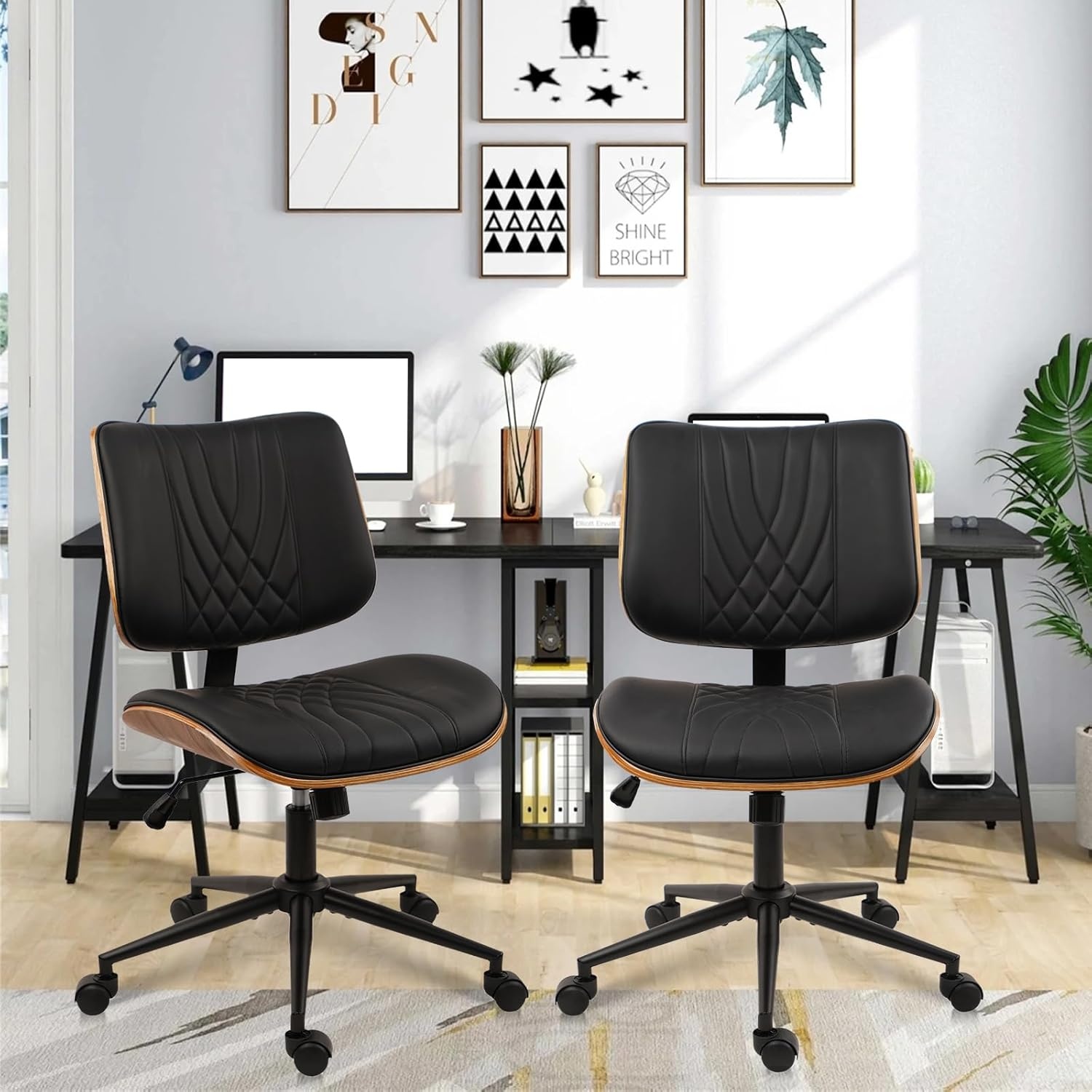 image:imageCLATINA Armless Home Office Chair Desk Chair with Wheels Adjustable Height Reading Chair Leather Mid Back amp Swivel Computer Chair Modern Walnut Chairs with Back for Studio Meeting RoomBlackBlack Diamonda