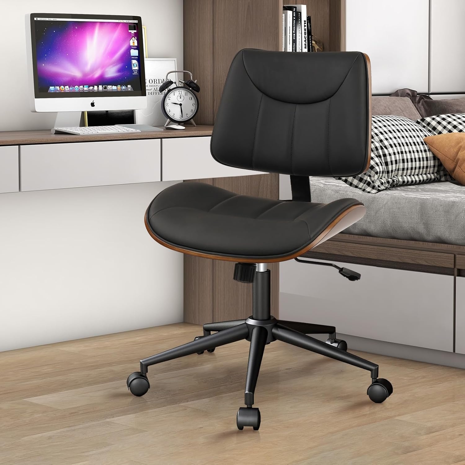 image:imageCLATINA Armless Home Office Chair Desk Chair with Wheels Adjustable Height Reading Chair Leather Mid Back amp Swivel Computer Chair Modern Walnut Chairs with Back for Studio Meeting RoomBlackBlack Linear