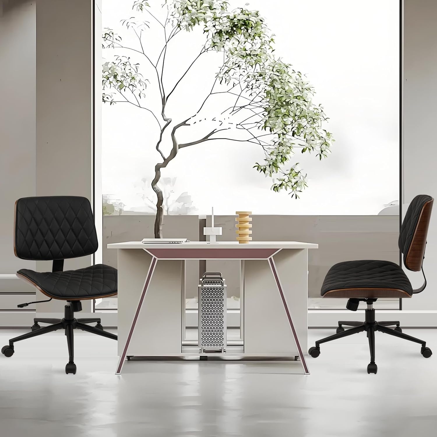 image:imageCLATINA Armless Home Office Chair Desk Chair with Wheels Adjustable Height Reading Chair Leather Mid Back amp Swivel Computer Chair Modern Walnut Chairs with Back for Studio Meeting RoomBlackBlack Diamondb