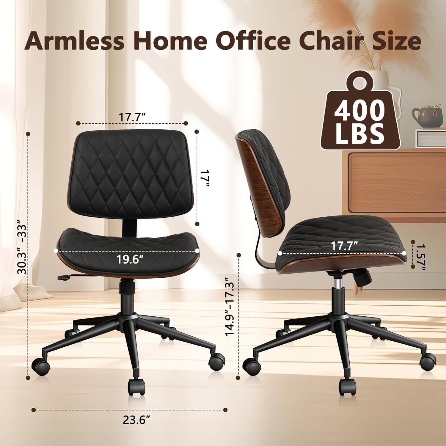 image:imageCLATINA Armless Home Office Chair Desk Chair with Wheels Adjustable Height Reading Chair Leather Mid Back amp Swivel Computer Chair Modern Walnut Chairs with Back for Studio Meeting RoomBlackBlack Diamondb