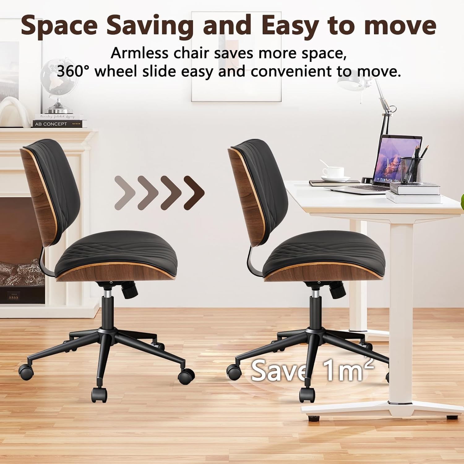 image:imageCLATINA Armless Home Office Chair Desk Chair with Wheels Adjustable Height Reading Chair Leather Mid Back amp Swivel Computer Chair Modern Walnut Chairs with Back for Studio Meeting RoomBlackBlack Diamonda