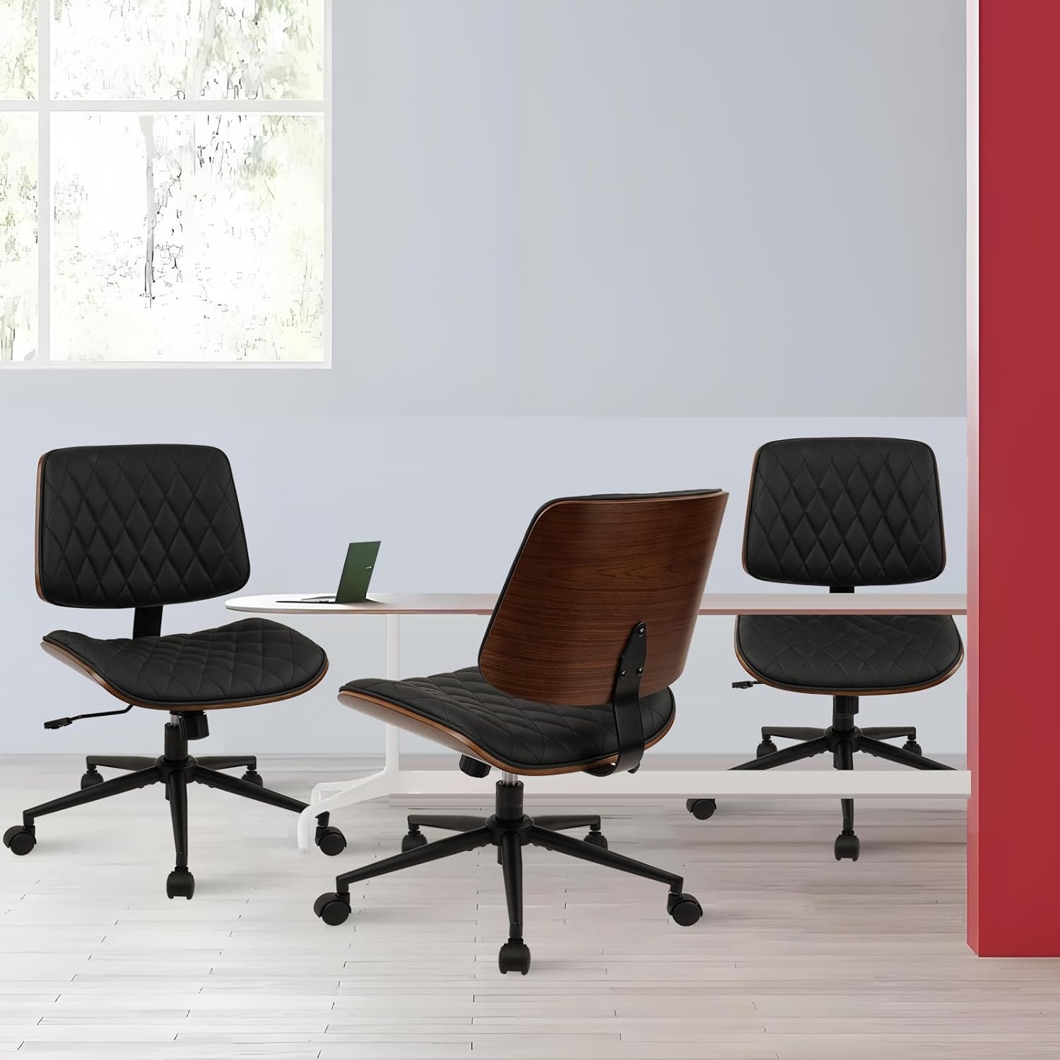 image:imageCLATINA Armless Home Office Chair Desk Chair with Wheels Adjustable Height Reading Chair Leather Mid Back amp Swivel Computer Chair Modern Walnut Chairs with Back for Studio Meeting RoomBlackBlack Diamondb