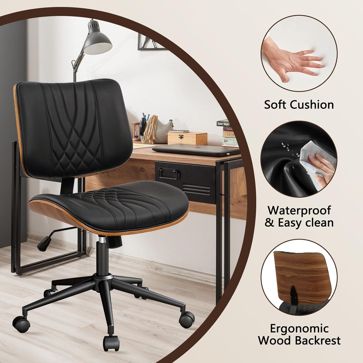 image:imageCLATINA Armless Home Office Chair Desk Chair with Wheels Adjustable Height Reading Chair Leather Mid Back amp Swivel Computer Chair Modern Walnut Chairs with Back for Studio Meeting RoomBlackBlack Diamonda