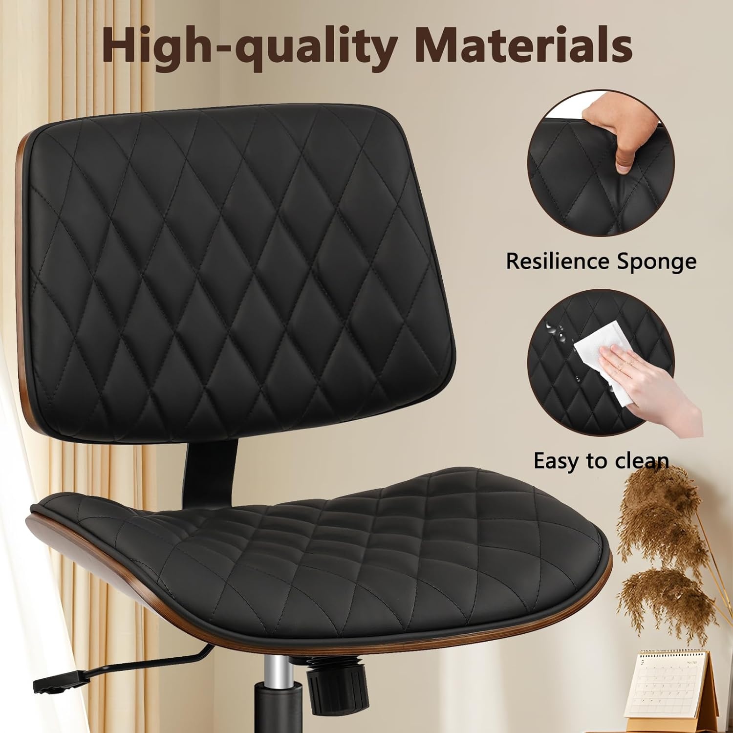 image:imageCLATINA Armless Home Office Chair Desk Chair with Wheels Adjustable Height Reading Chair Leather Mid Back amp Swivel Computer Chair Modern Walnut Chairs with Back for Studio Meeting RoomBlackBlack Diamondb