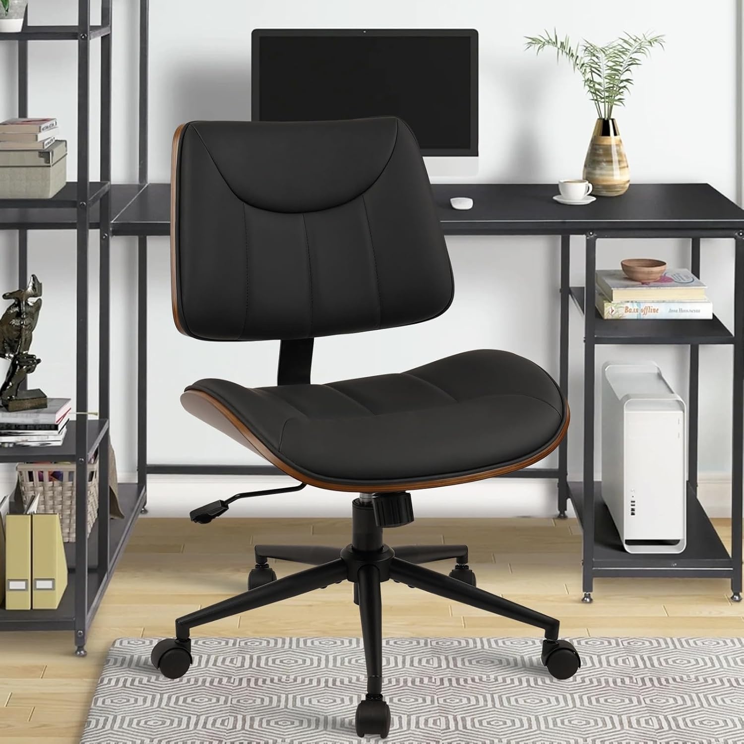 image:imageCLATINA Armless Home Office Chair Desk Chair with Wheels Adjustable Height Reading Chair Leather Mid Back amp Swivel Computer Chair Modern Walnut Chairs with Back for Studio Meeting RoomBlackBlack Linear