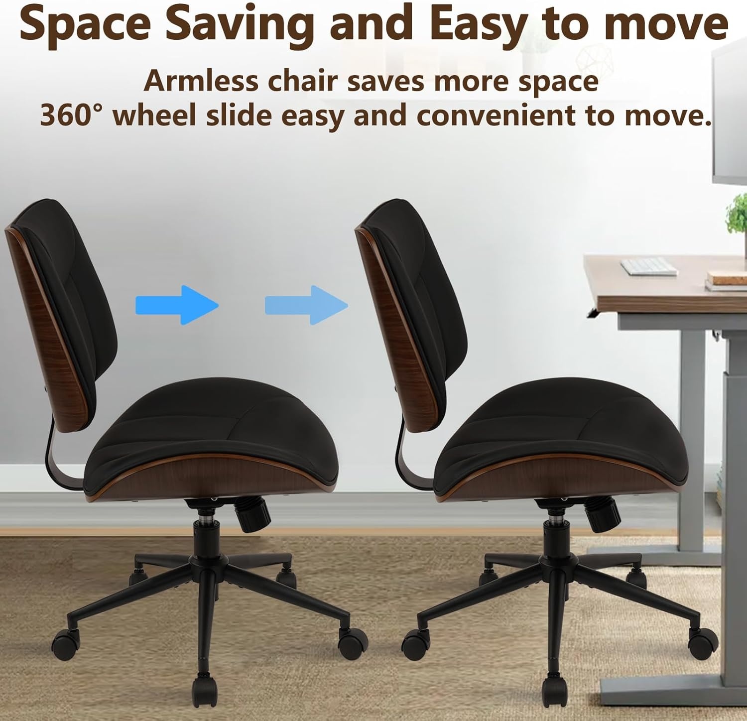 image:imageCLATINA Armless Home Office Chair Desk Chair with Wheels Adjustable Height Reading Chair Leather Mid Back amp Swivel Computer Chair Modern Walnut Chairs with Back for Studio Meeting RoomBlackBlack Linear