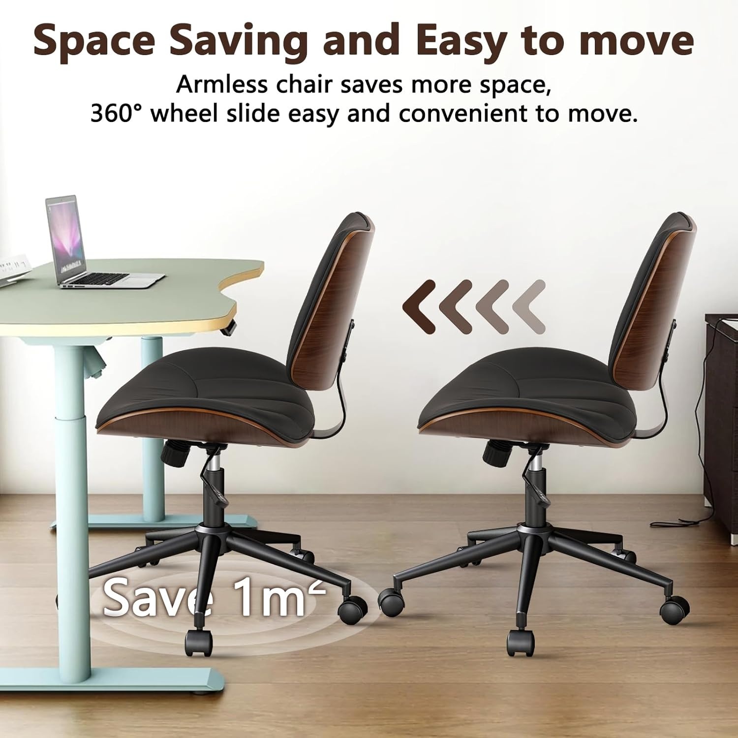 image:imageCLATINA Armless Home Office Chair Desk Chair with Wheels Adjustable Height Reading Chair Leather Mid Back amp Swivel Computer Chair Modern Walnut Chairs with Back for Studio Meeting RoomBlackBlack Linear