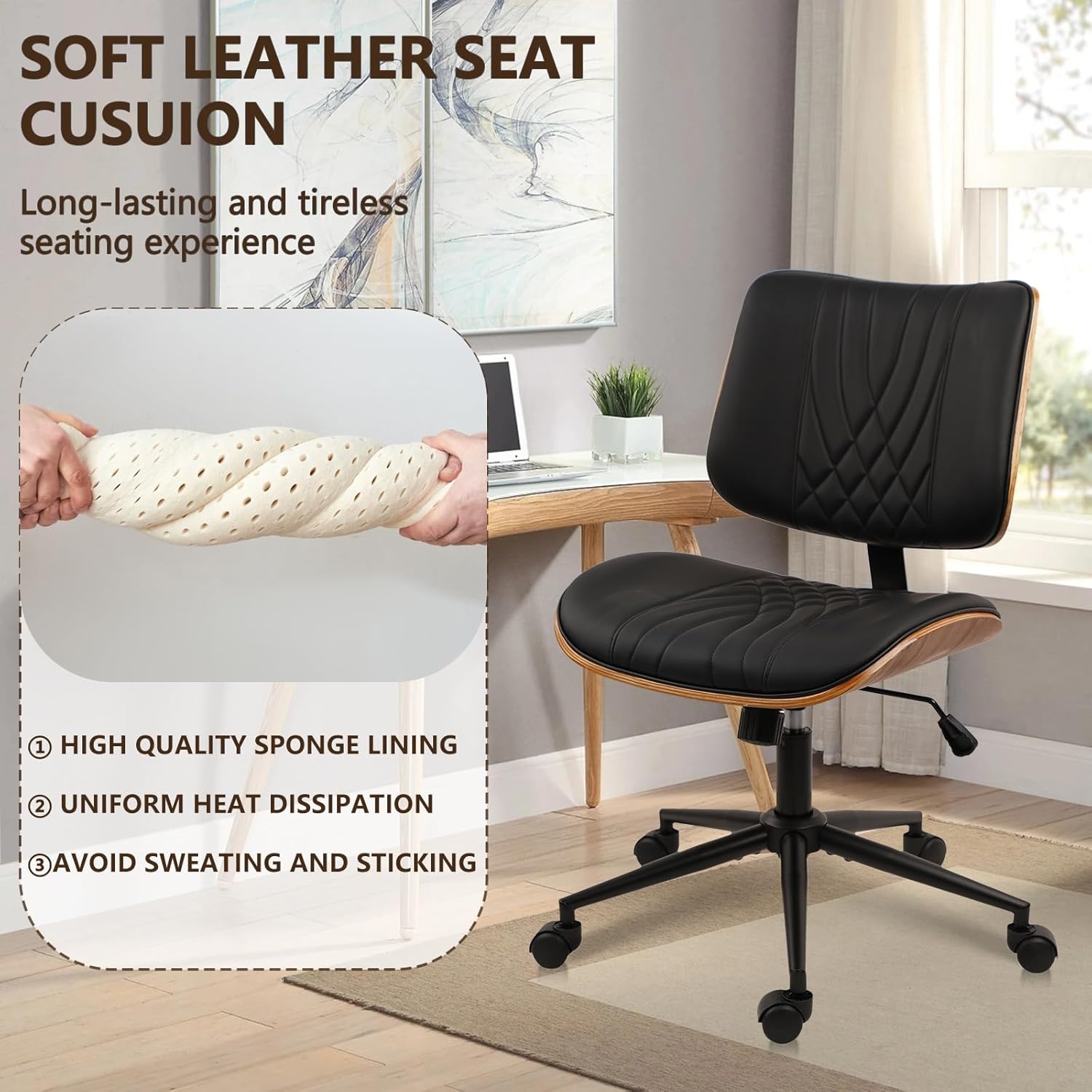 image:imageCLATINA Armless Home Office Chair Desk Chair with Wheels Adjustable Height Reading Chair Leather Mid Back amp Swivel Computer Chair Modern Walnut Chairs with Back for Studio Meeting RoomBlackBlack Diamonda