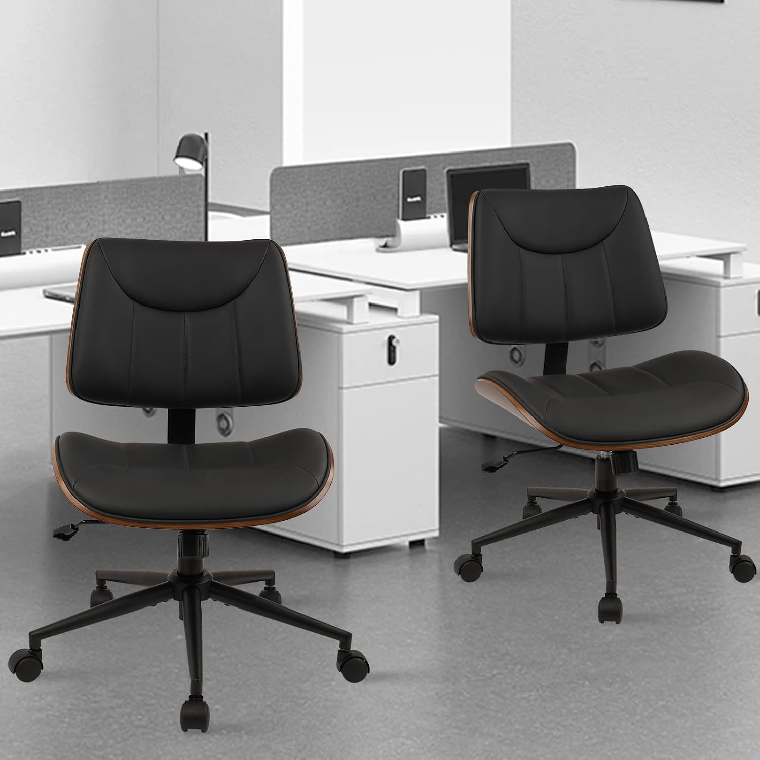 image:imageCLATINA Armless Home Office Chair Desk Chair with Wheels Adjustable Height Reading Chair Leather Mid Back amp Swivel Computer Chair Modern Walnut Chairs with Back for Studio Meeting RoomBlackBlack Linear