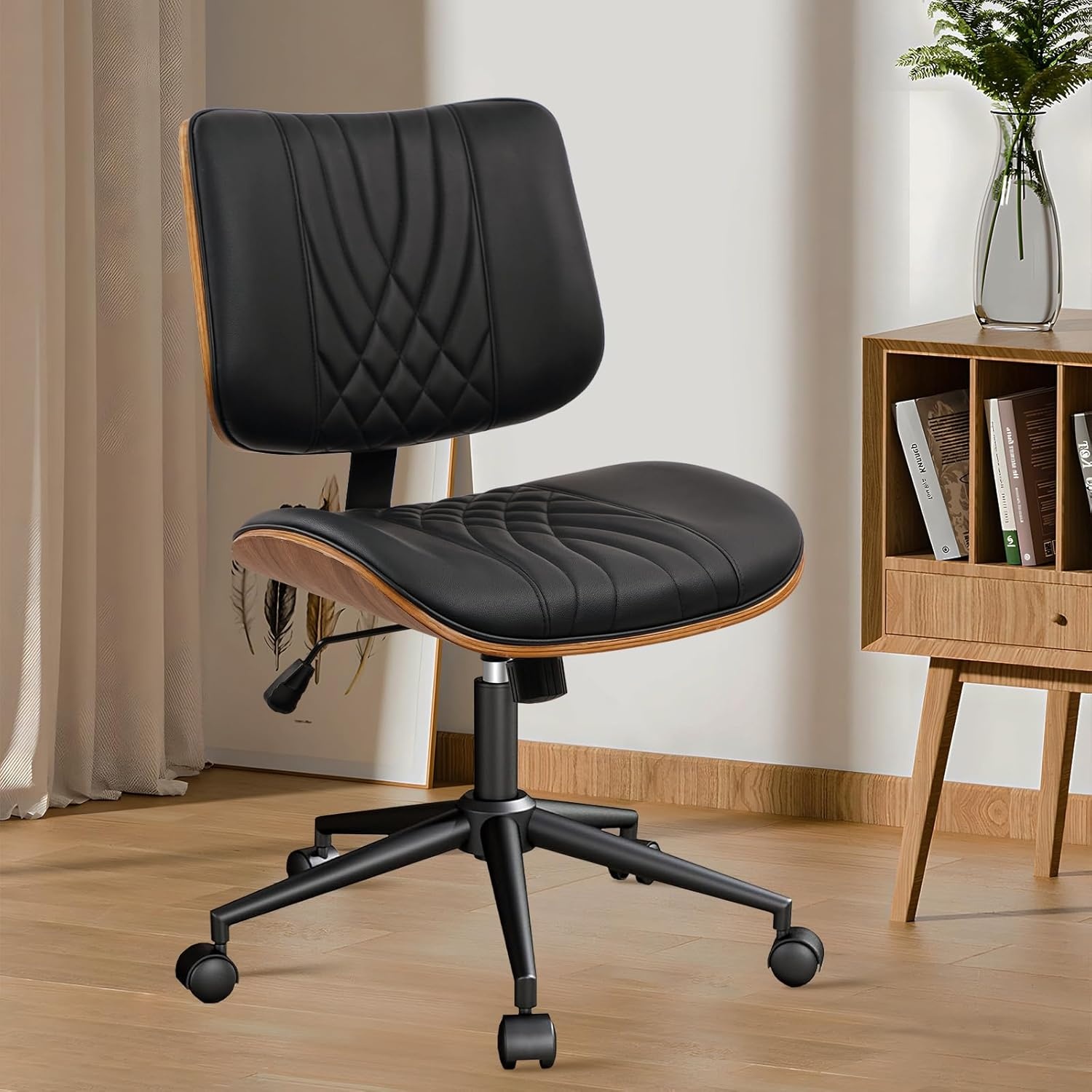 image:imageCLATINA Armless Home Office Chair Desk Chair with Wheels Adjustable Height Reading Chair Leather Mid Back amp Swivel Computer Chair Modern Walnut Chairs with Back for Studio Meeting RoomBlackBlack Diamonda