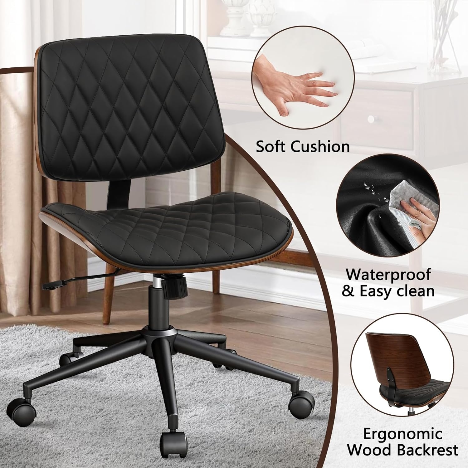 image:imageCLATINA Armless Home Office Chair Desk Chair with Wheels Adjustable Height Reading Chair Leather Mid Back amp Swivel Computer Chair Modern Walnut Chairs with Back for Studio Meeting RoomBlackBlack Diamondb
