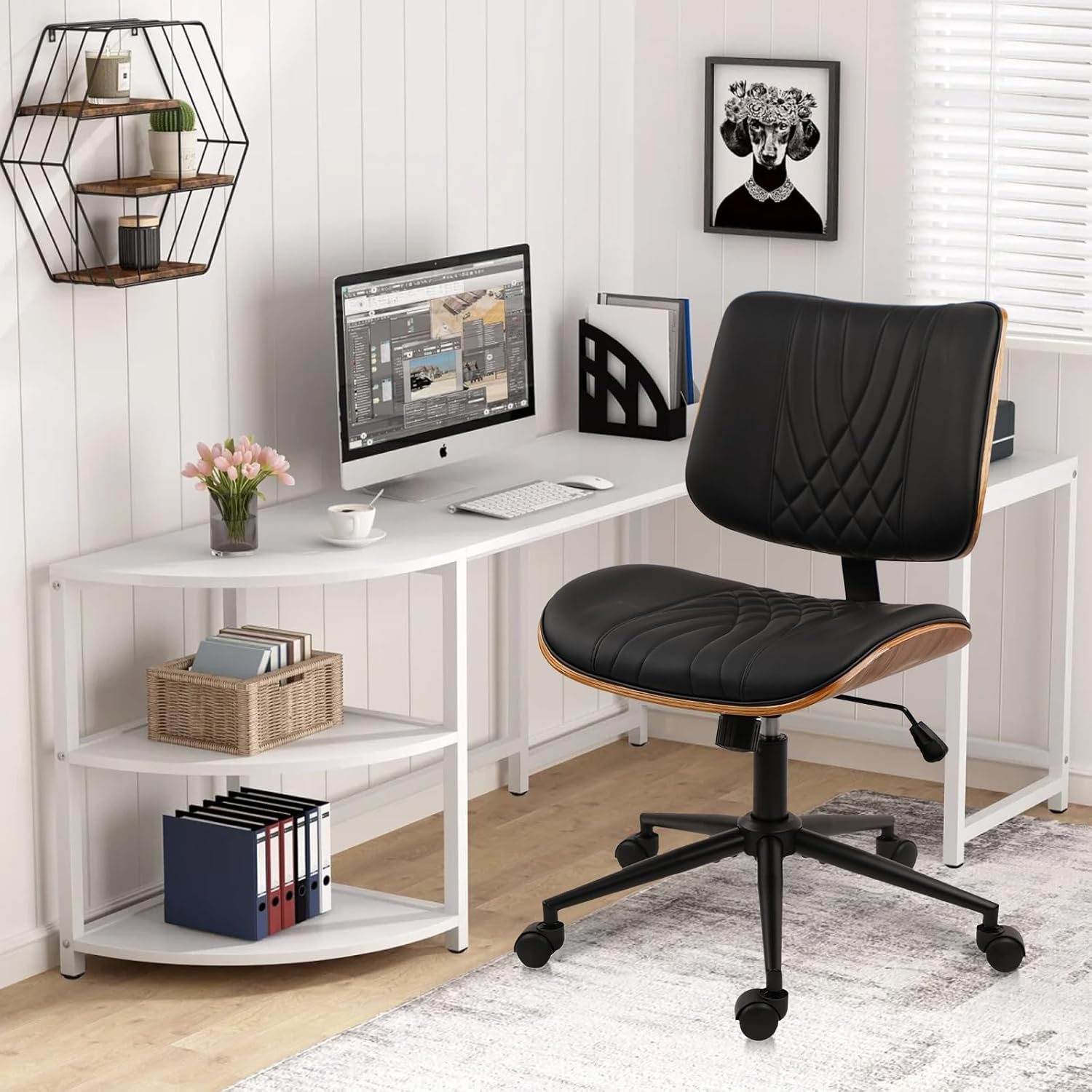 image:imageCLATINA Armless Home Office Chair Desk Chair with Wheels Adjustable Height Reading Chair Leather Mid Back amp Swivel Computer Chair Modern Walnut Chairs with Back for Studio Meeting RoomBlackBlack Diamonda