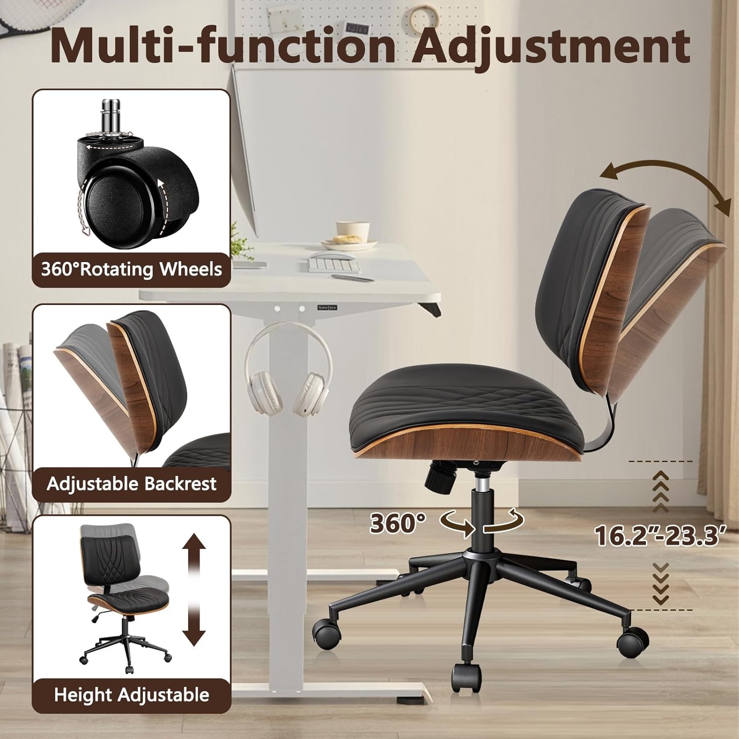 image:imageCLATINA Armless Home Office Chair Desk Chair with Wheels Adjustable Height Reading Chair Leather Mid Back amp Swivel Computer Chair Modern Walnut Chairs with Back for Studio Meeting RoomBlackBlack Diamonda