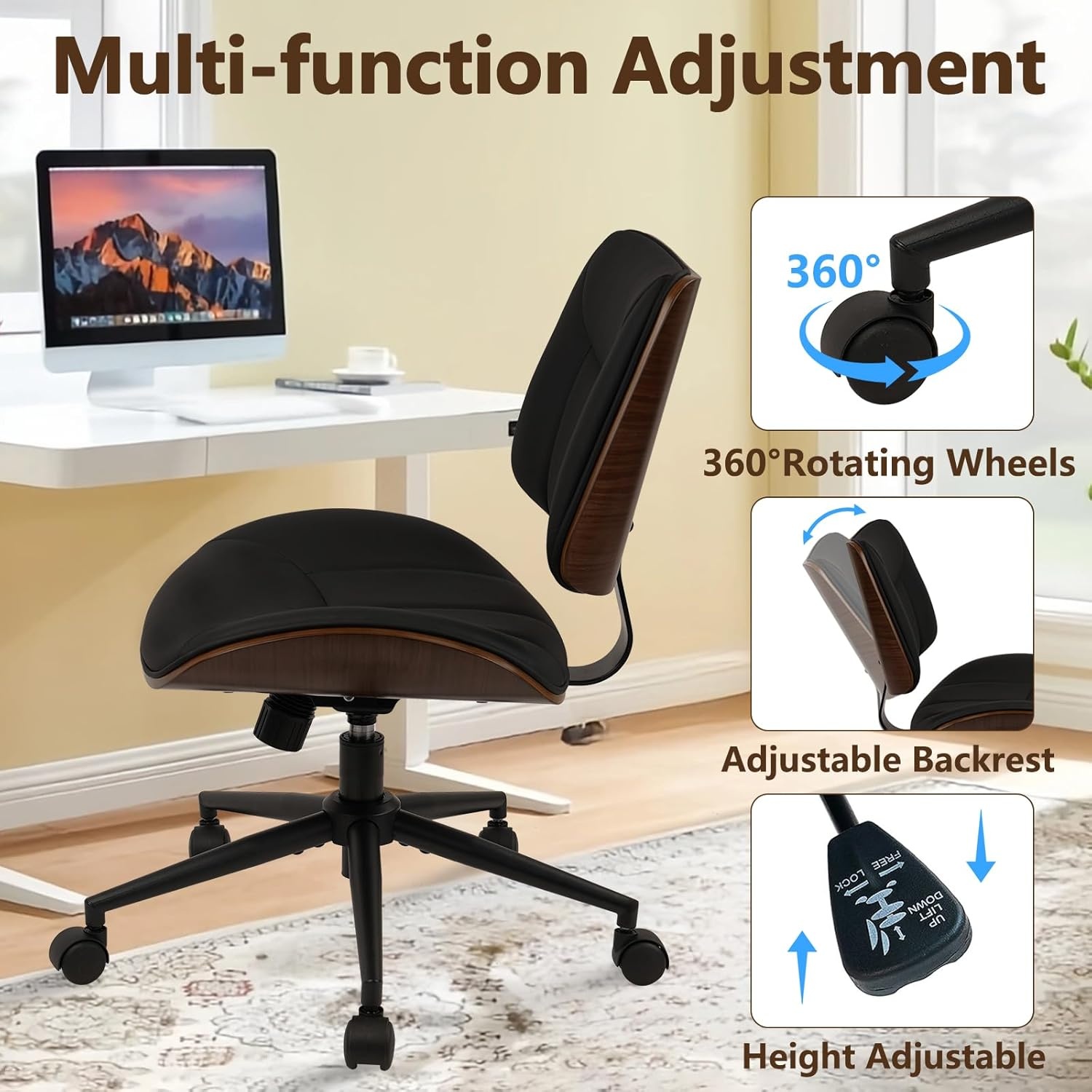 image:imageCLATINA Armless Home Office Chair Desk Chair with Wheels Adjustable Height Reading Chair Leather Mid Back amp Swivel Computer Chair Modern Walnut Chairs with Back for Studio Meeting RoomBlackBlack Linear