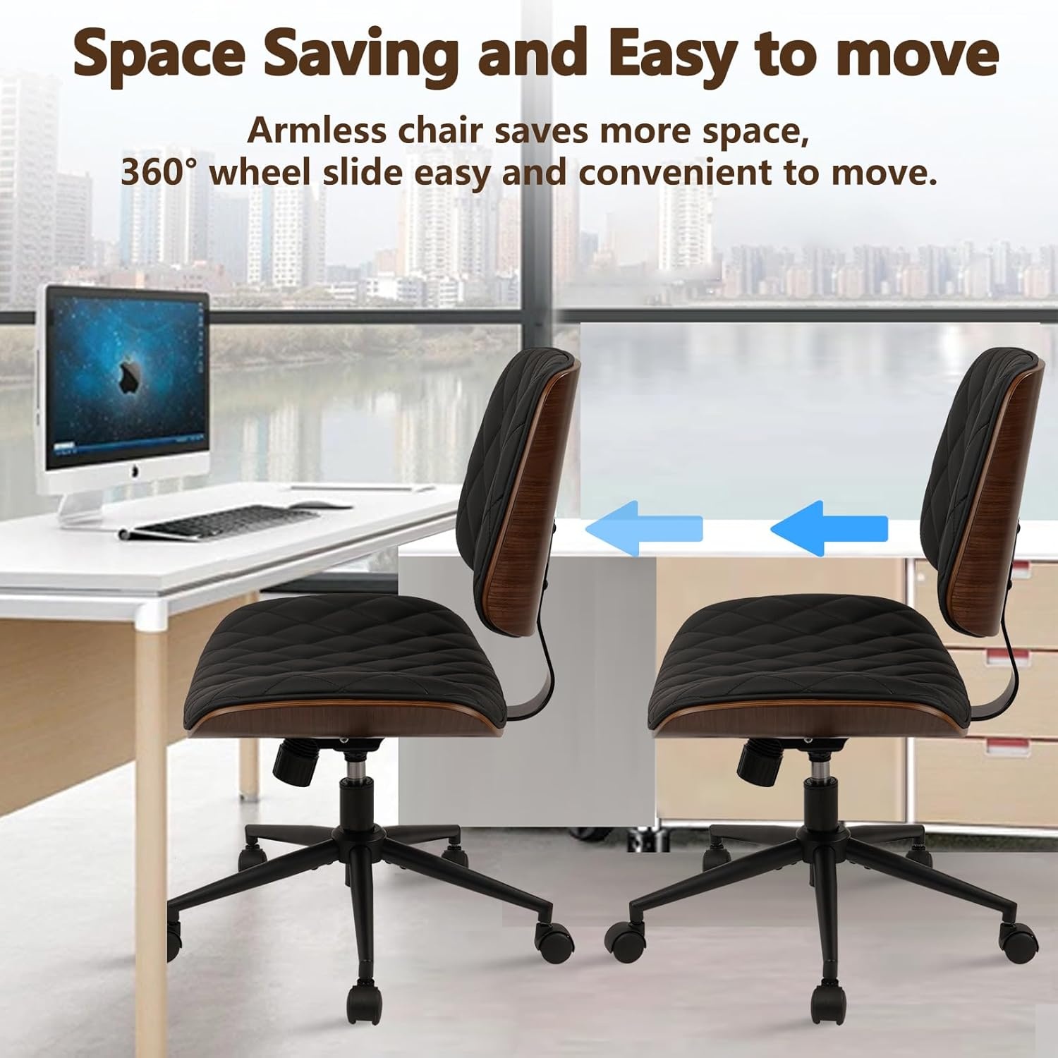 image:imageCLATINA Armless Home Office Chair Desk Chair with Wheels Adjustable Height Reading Chair Leather Mid Back amp Swivel Computer Chair Modern Walnut Chairs with Back for Studio Meeting RoomBlackBlack Diamondb