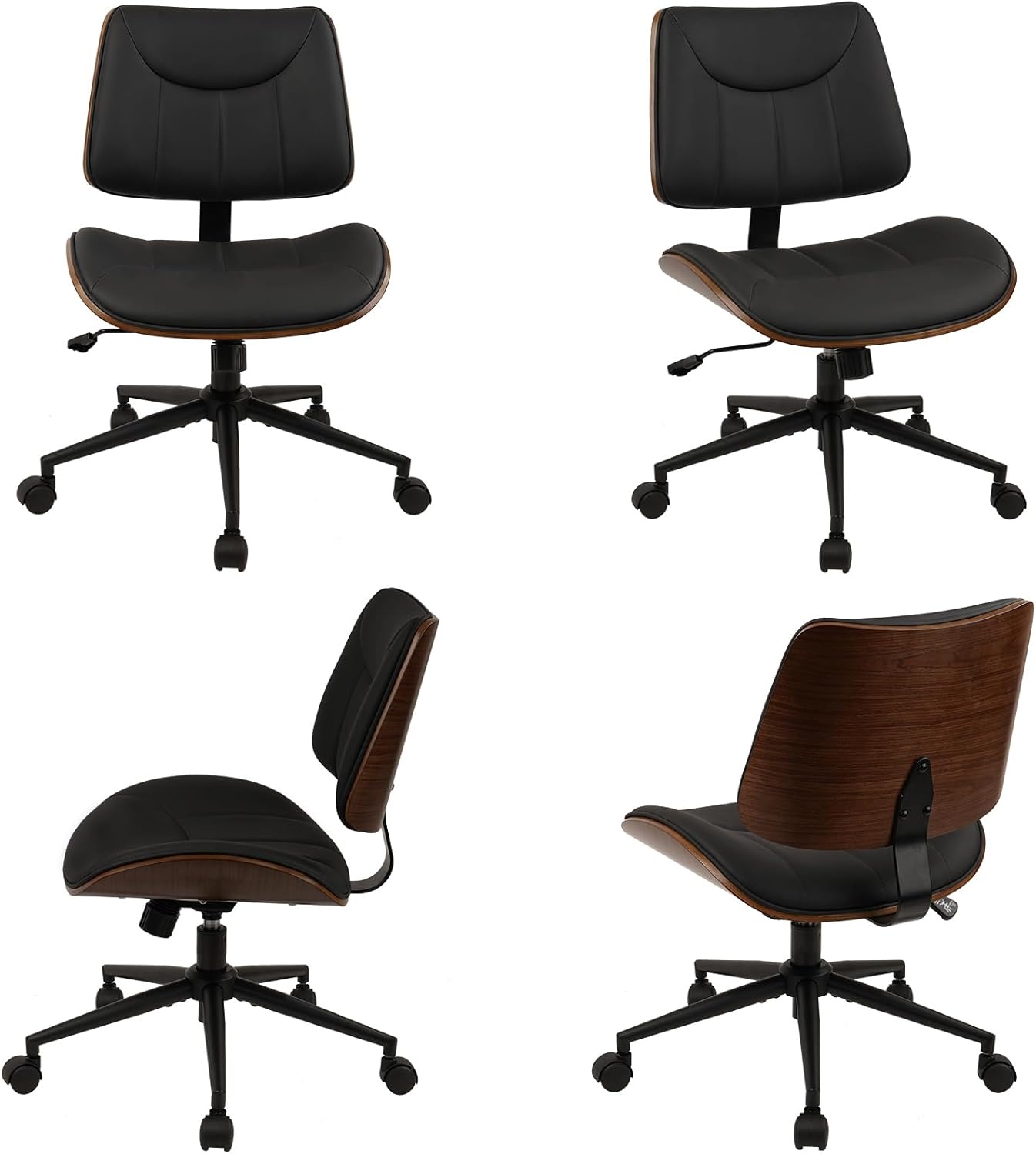 image:imageCLATINA Armless Home Office Chair Desk Chair with Wheels Adjustable Height Reading Chair Leather Mid Back amp Swivel Computer Chair Modern Walnut Chairs with Back for Studio Meeting RoomBlackBlack Linear