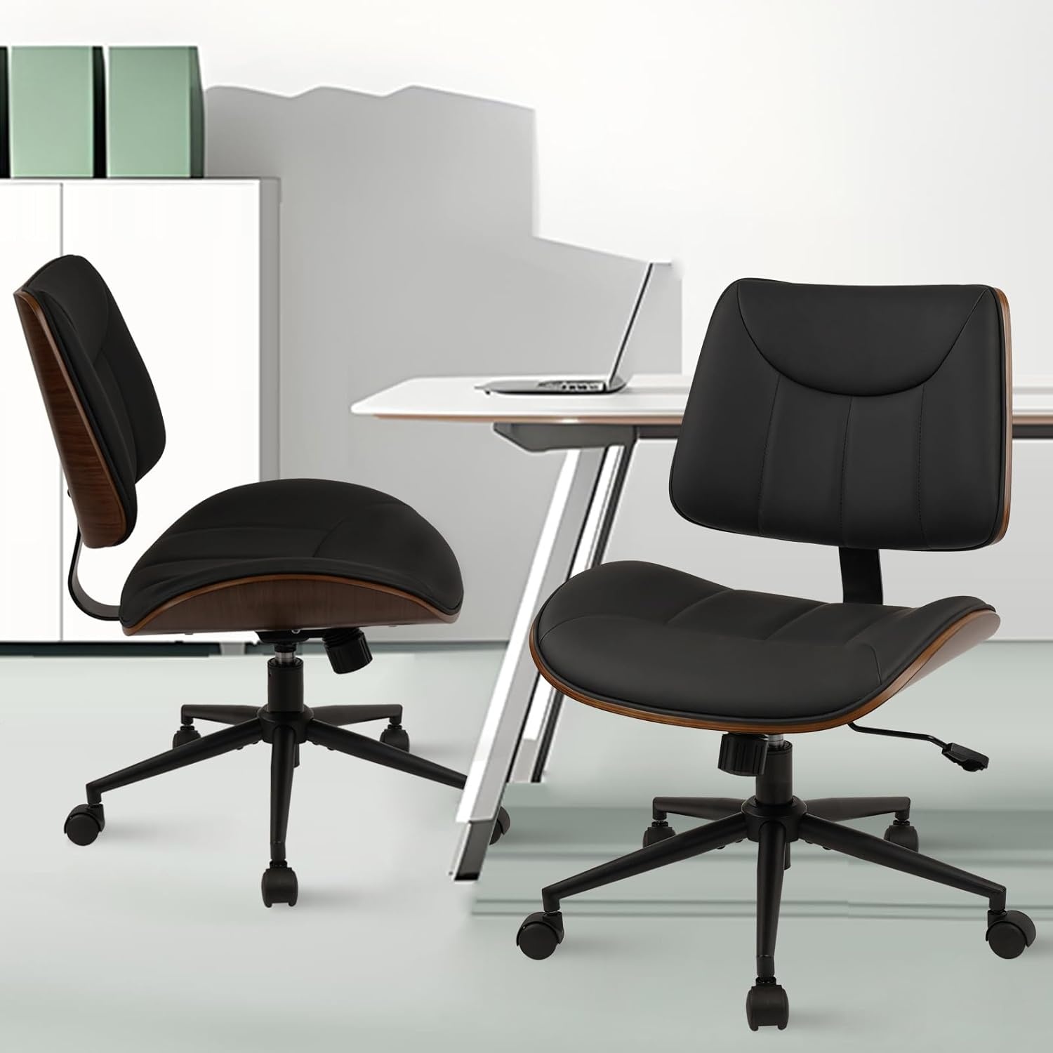 image:imageCLATINA Armless Home Office Chair Desk Chair with Wheels Adjustable Height Reading Chair Leather Mid Back amp Swivel Computer Chair Modern Walnut Chairs with Back for Studio Meeting RoomBlackBlack Linear