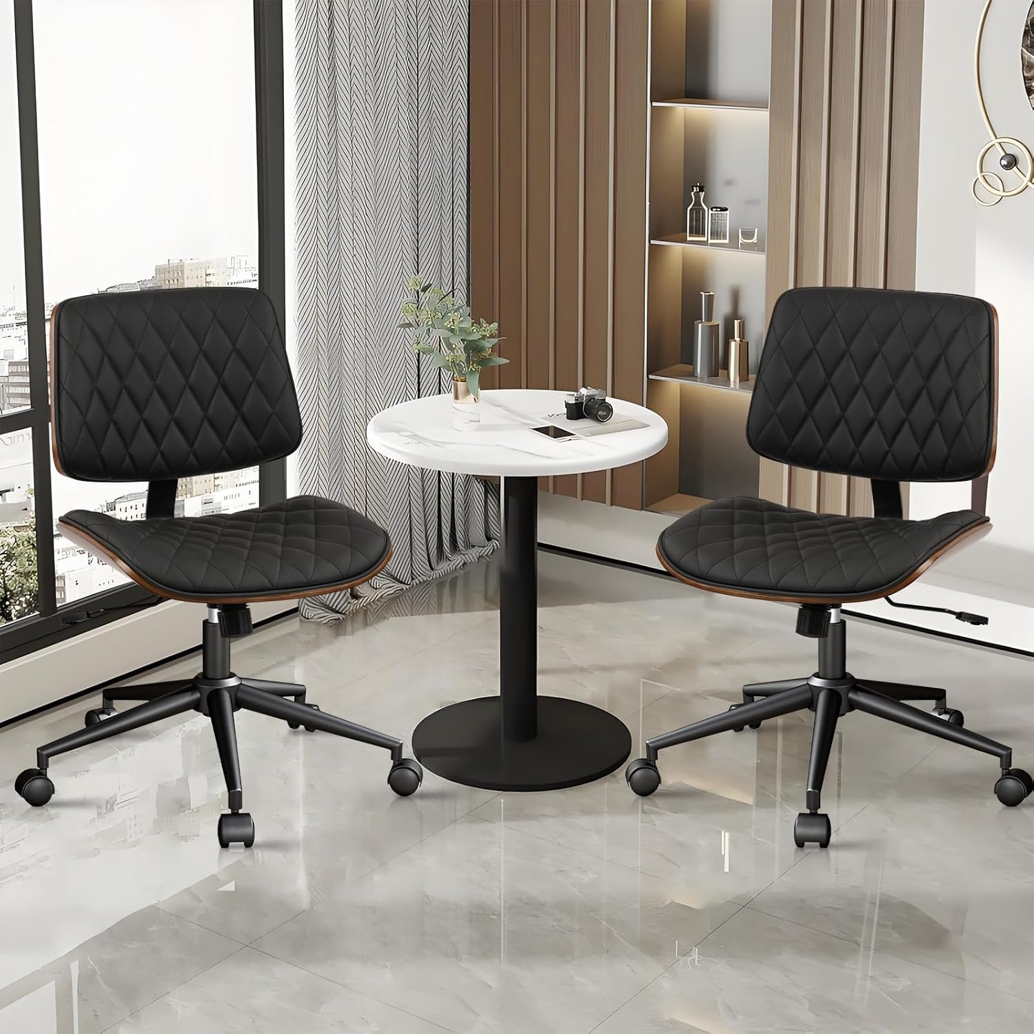 image:imageCLATINA Armless Home Office Chair Desk Chair with Wheels Adjustable Height Reading Chair Leather Mid Back amp Swivel Computer Chair Modern Walnut Chairs with Back for Studio Meeting RoomBlackBlack Diamondb