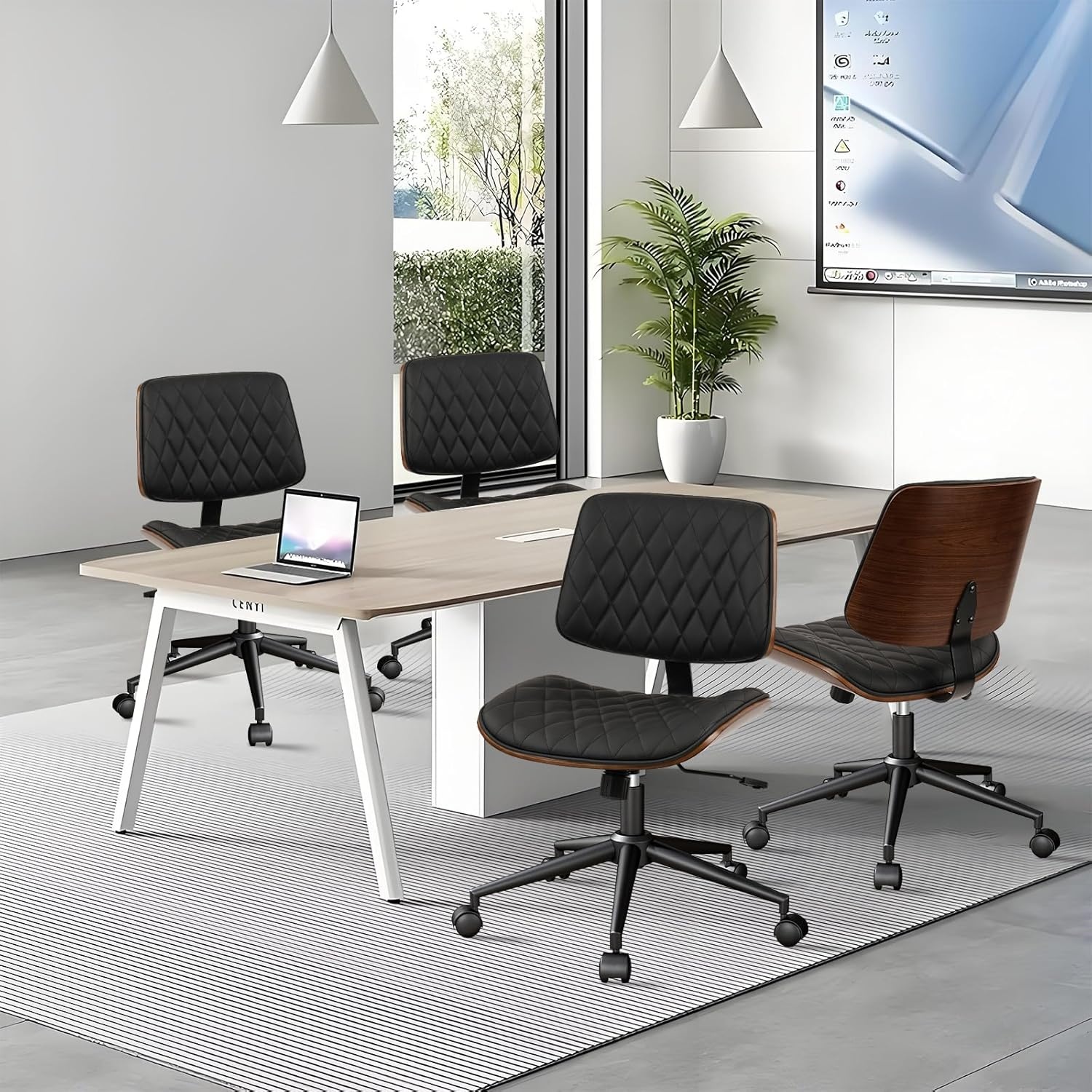 image:imageCLATINA Armless Home Office Chair Desk Chair with Wheels Adjustable Height Reading Chair Leather Mid Back amp Swivel Computer Chair Modern Walnut Chairs with Back for Studio Meeting RoomBlackBlack Diamondb