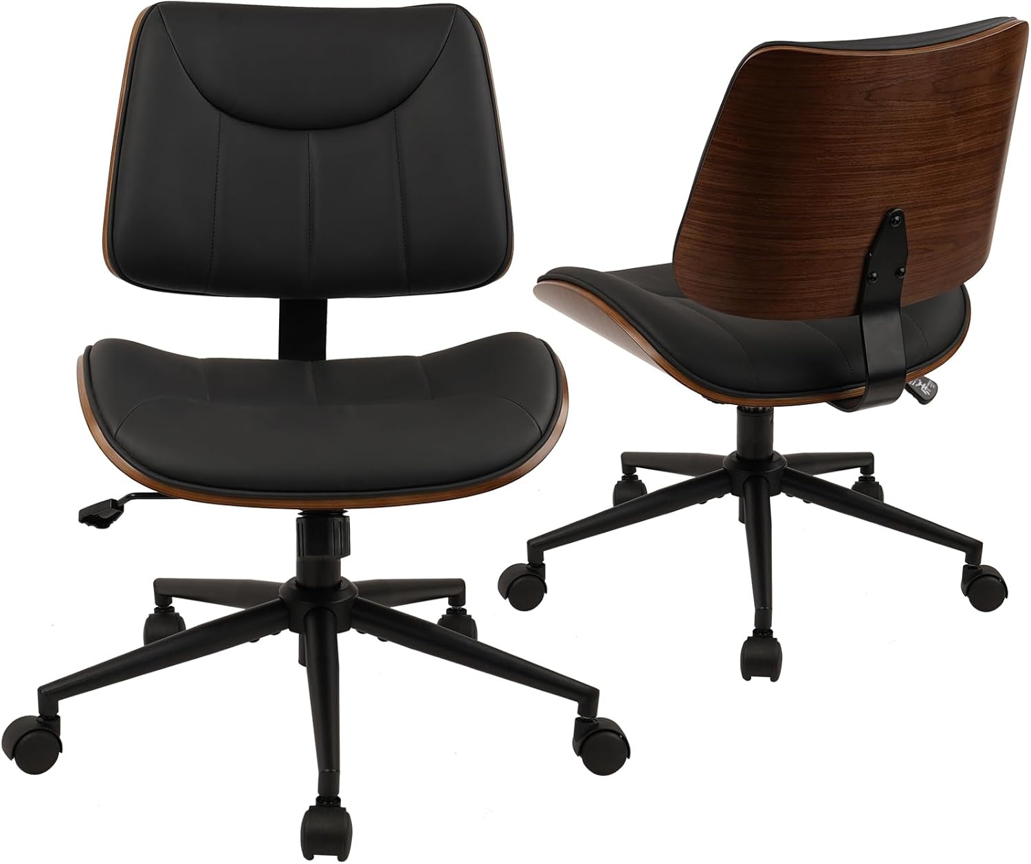 image:imageCLATINA Armless Home Office Chair Desk Chair with Wheels Adjustable Height Reading Chair Leather Mid Back amp Swivel Computer Chair Modern Walnut Chairs with Back for Studio Meeting RoomBlackBlack Linear
