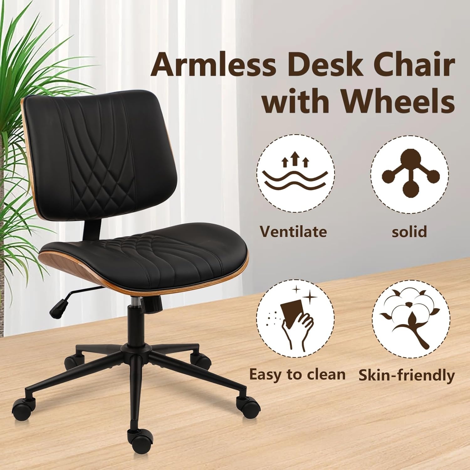 image:imageCLATINA Armless Home Office Chair Desk Chair with Wheels Adjustable Height Reading Chair Leather Mid Back amp Swivel Computer Chair Modern Walnut Chairs with Back for Studio Meeting RoomBlackBlack Diamonda